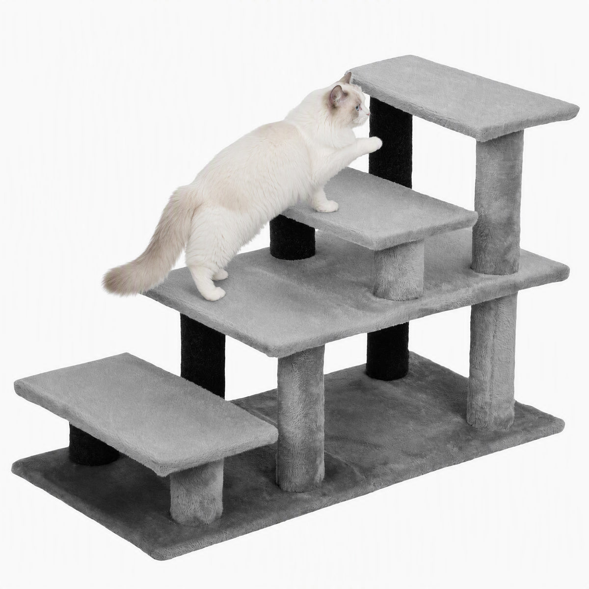Pet Stairs, Cat Stairs with 2/3/4-Step Flexible Setup for Bed, Sofa, Pet Steps with Scratching Posts for Indoor Cats/Dogs to Climb High Bed and Couch, Gray