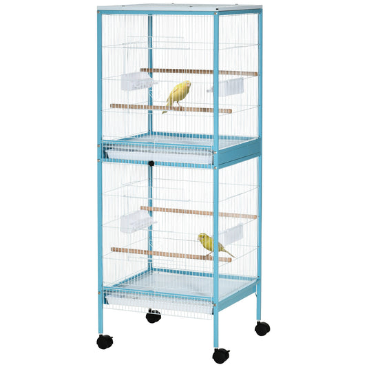 55.1" 2 In 1 Bird Cage Aviary Parakeet House for finches, budgies with Wheels, Slide-out Trays, Wood Perch, Food Containers, Light Blue