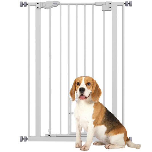 41"H Dog Gate with Cat Door, Pet Gate with Small Door, Easy Open Indoor Dog Gates for Doorways, House, Stair, 29"-31.5" Long, White