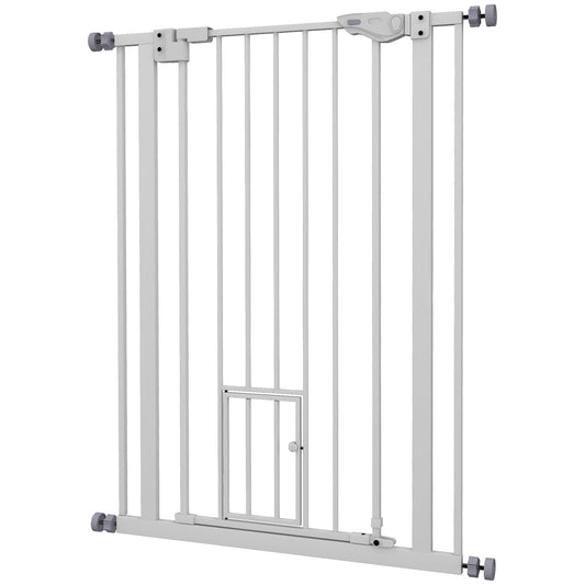 41"H Dog Gate with Cat Door, Pet Gate with Small Door, Easy Open Indoor Dog Gates for Doorways, House, Stair, 29"-31.5" Long, White