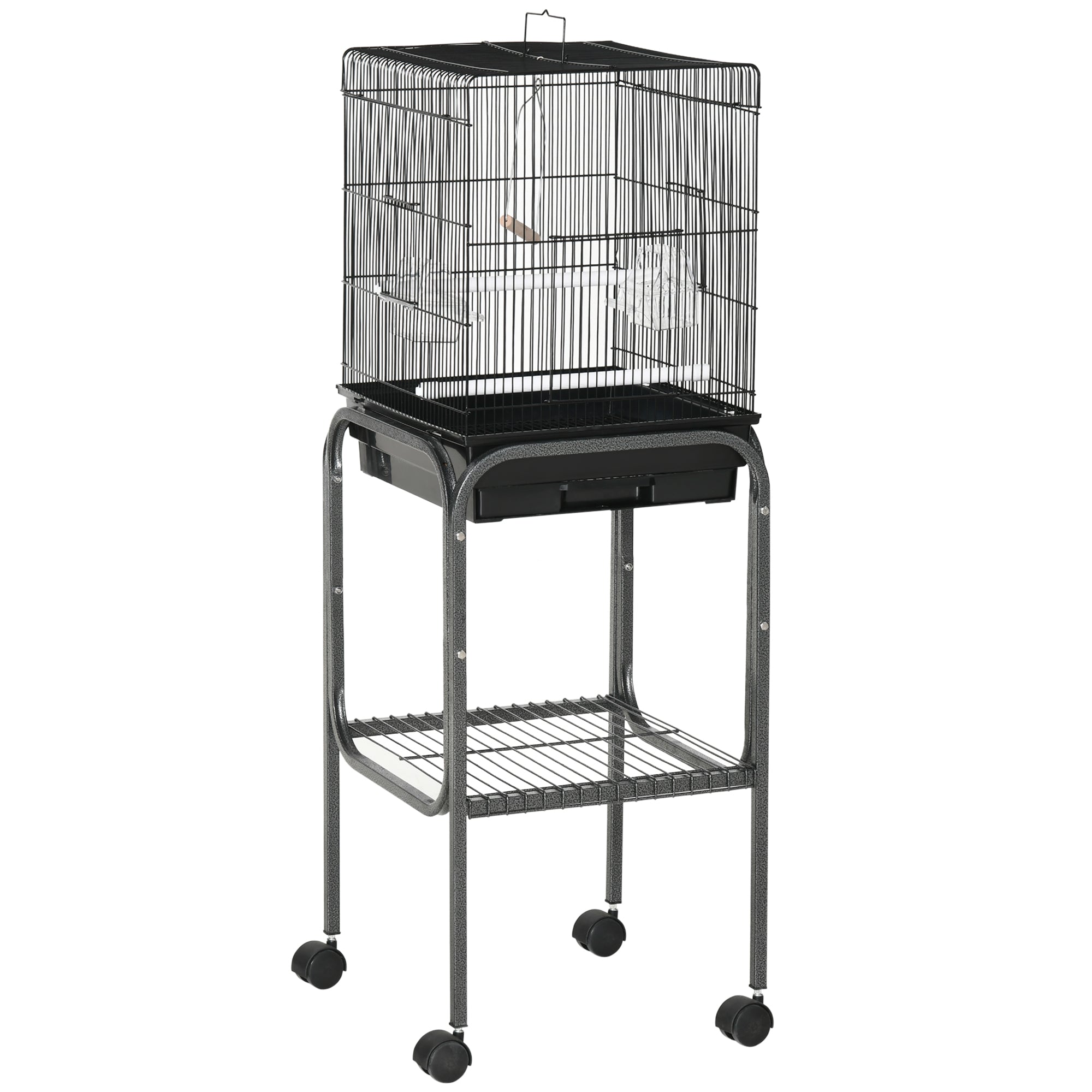 45-inch Metal Indoor Bird Cage, Parrot Cage, Bird Aviary with Detachable Rolling Stand, Storage Basket, and Accessories - Black