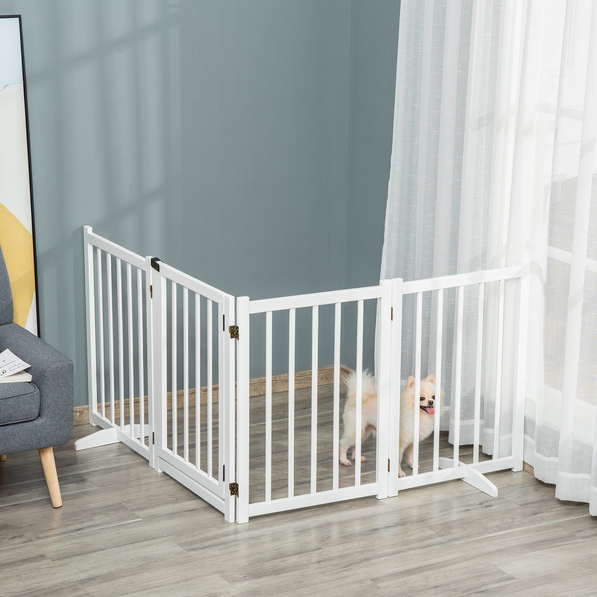 Wooden Dog Gate, Dog Fence Indoor, 80 cm Tall Freestanding Pet Gate for Small and Medium Dogs with 4 Panels, 2 Support Feet, White