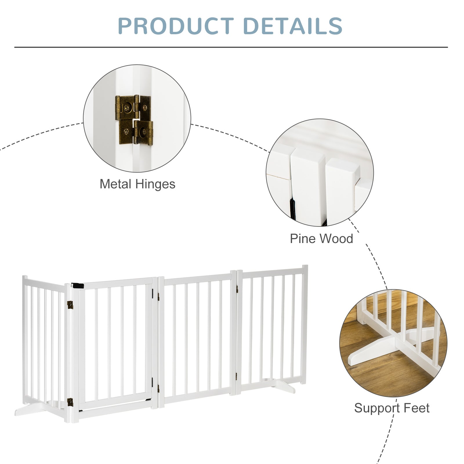 Wooden Dog Gate, Dog Fence Indoor, 80 cm Tall Freestanding Pet Gate for Small and Medium Dogs with 4 Panels, 2 Support Feet, White