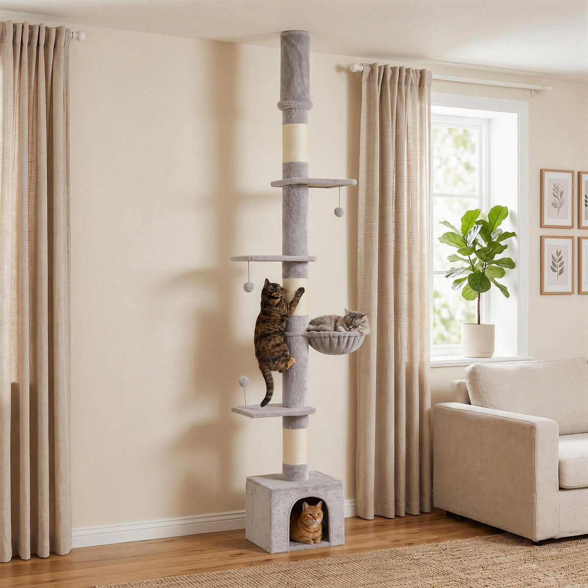 Floor to Ceiling Cat Tree, 230-250cm Multi-Level Cat Tower with Adjustable Height, Scratching Posts, Condo, Platforms and 3 Dangling Balls, Activity Tree for Indoor Kittens, Light Grey