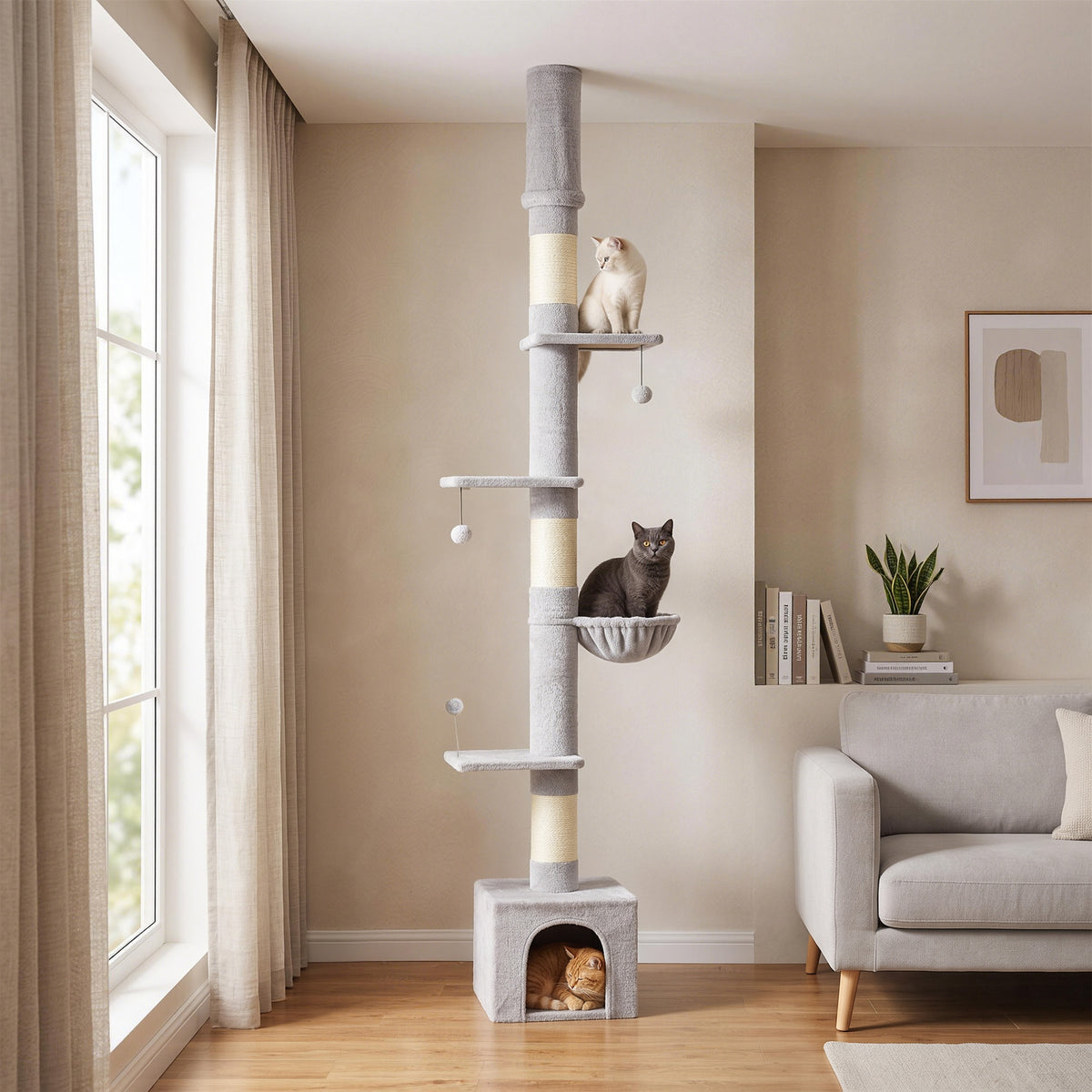 Floor to Ceiling Cat Tree, 230-250cm Multi-Level Cat Tower with Adjustable Height, Scratching Posts, Condo, Platforms and 3 Dangling Balls, Activity Tree for Indoor Kittens, Light Grey