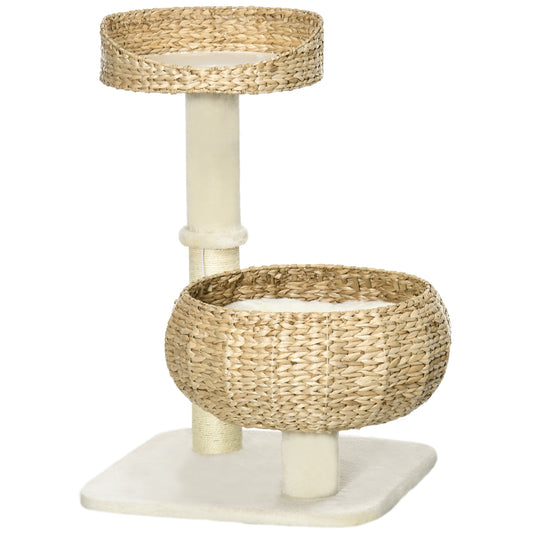 28" Cat Tree with Scratching Post, Cat Tower for Indoor Cats with Double Beds, Beige