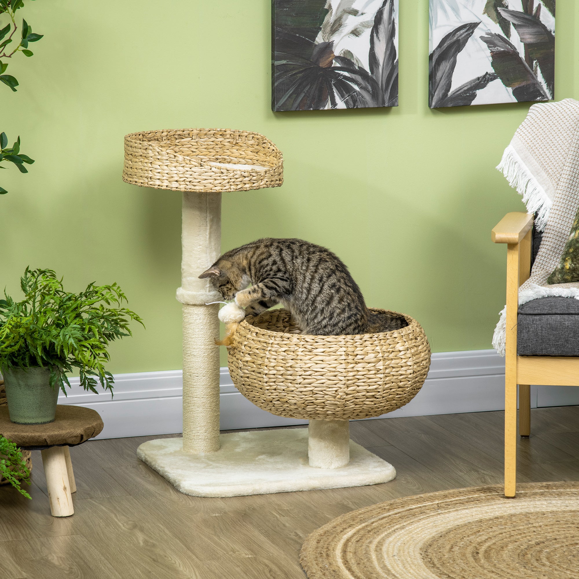 28" Cat Tree with Scratching Post, Cat Tower for Indoor Cats with Double Beds, Beige