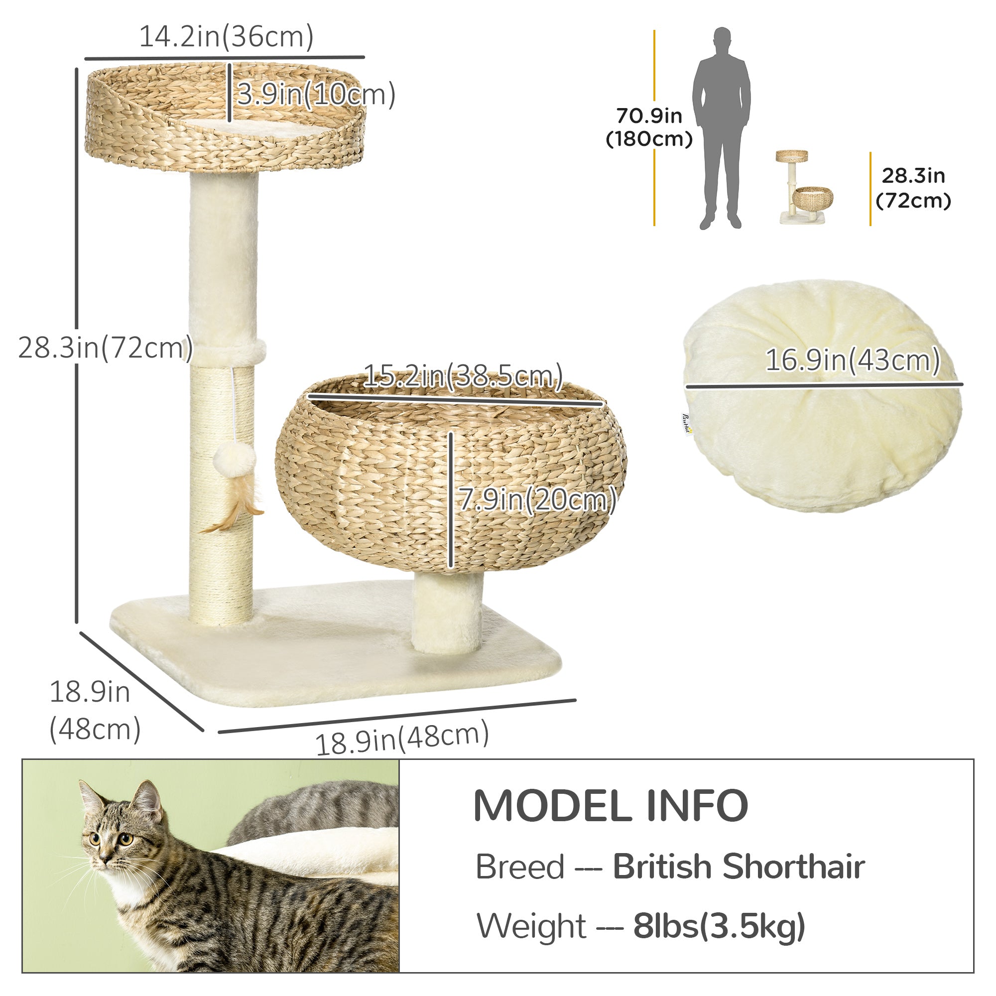 28" Cat Tree with Scratching Post, Cat Tower for Indoor Cats with Double Beds, Beige