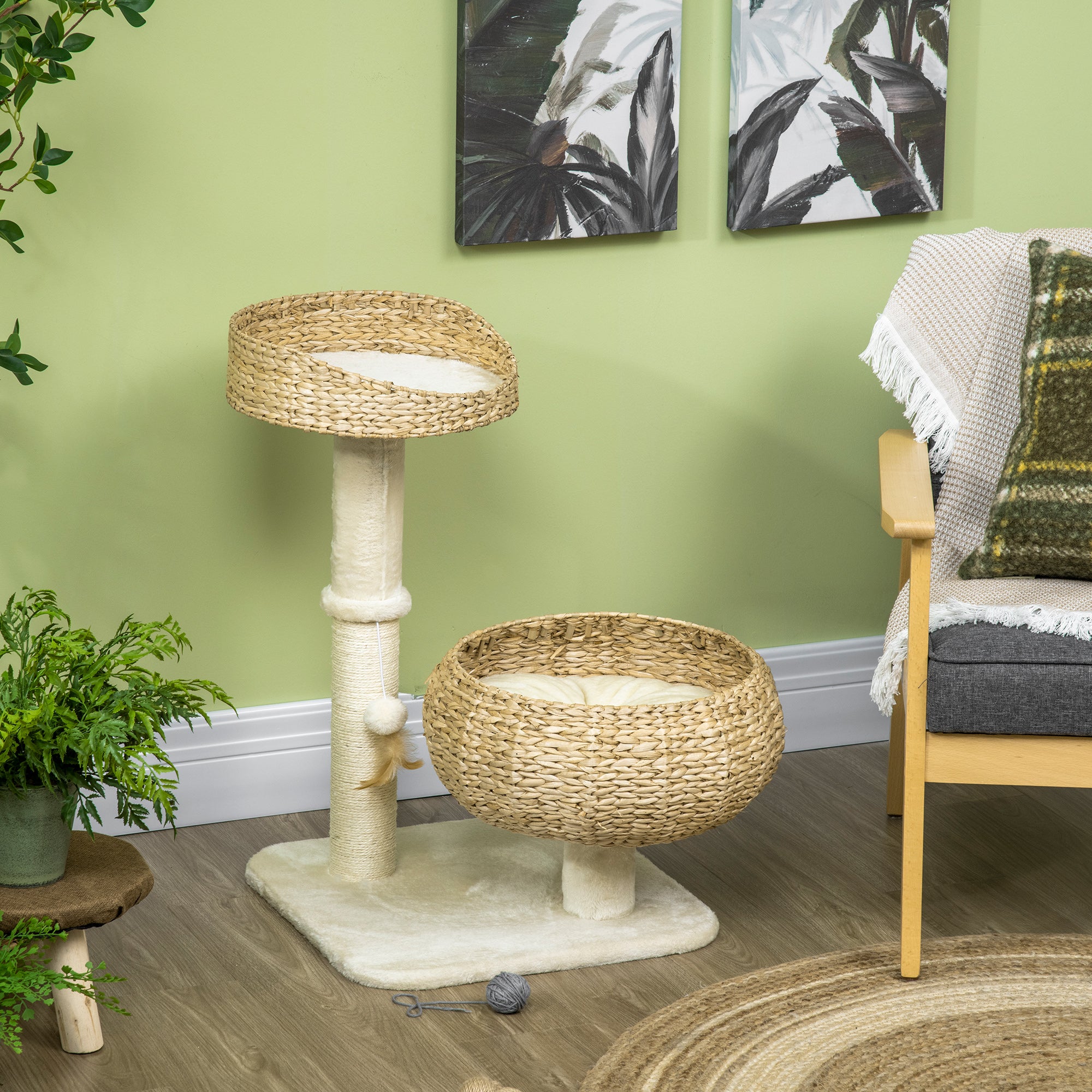 28" Cat Tree with Scratching Post, Cat Tower for Indoor Cats with Double Beds, Beige