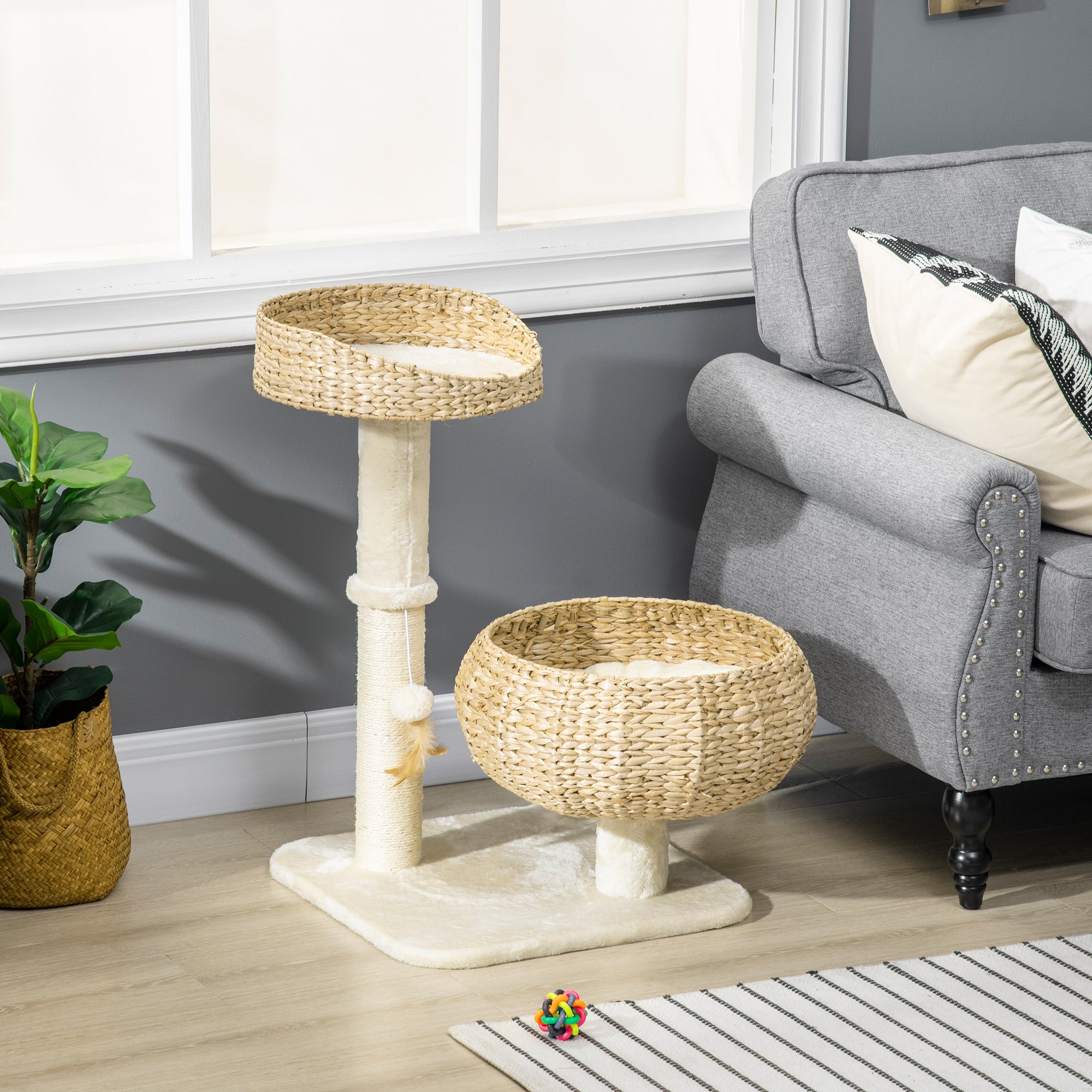 28" Cat Tree with Scratching Post, Cat Tower for Indoor Cats with Double Beds, Beige