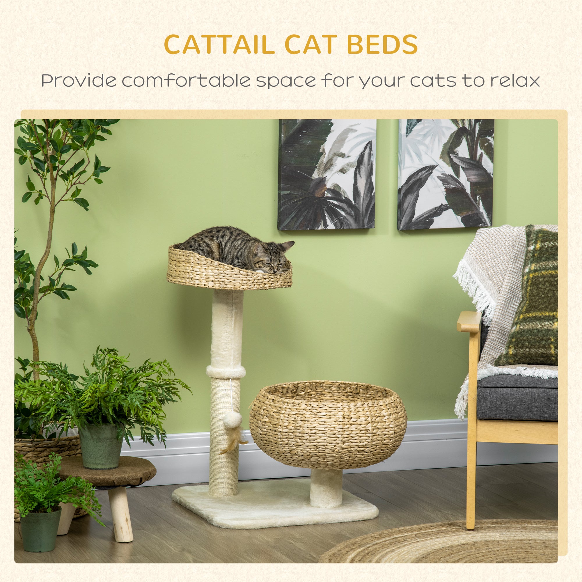 28" Cat Tree with Scratching Post, Cat Tower for Indoor Cats with Double Beds, Beige