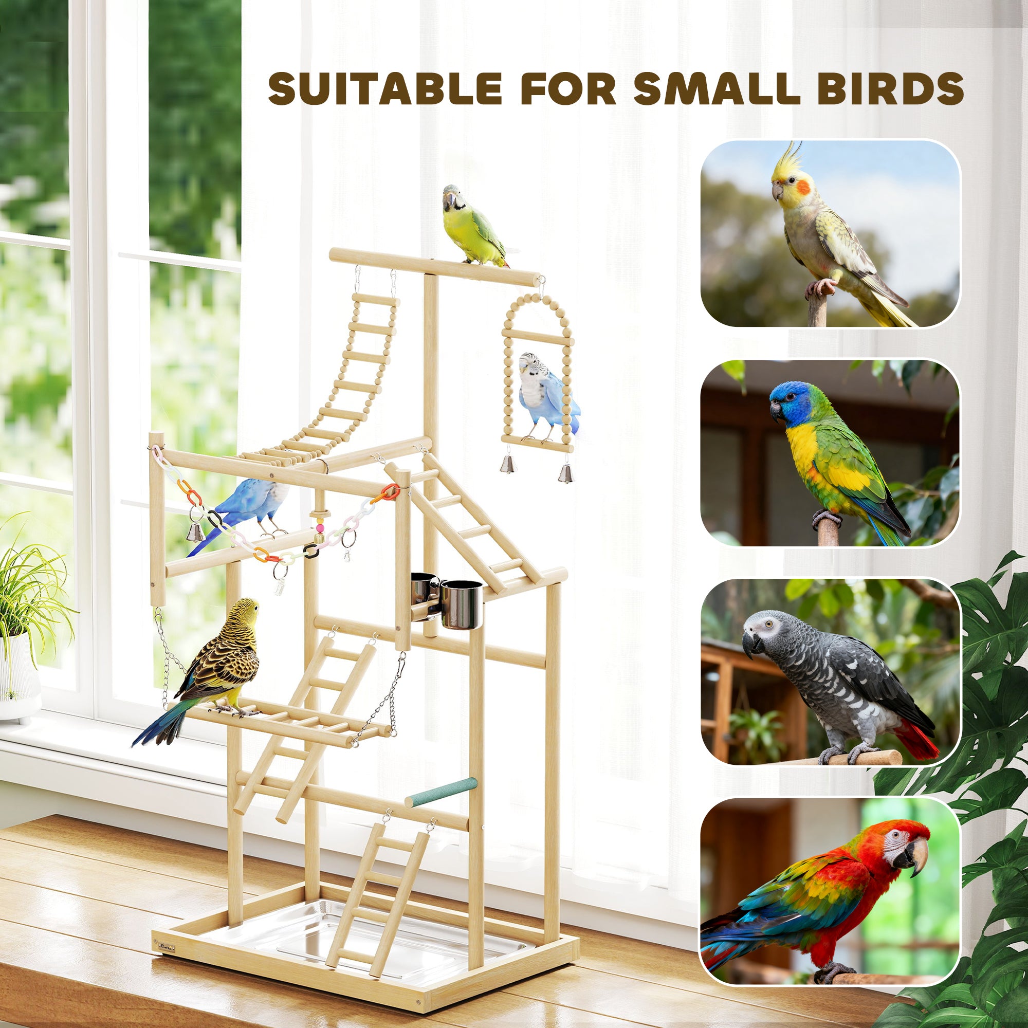 Parrot Play Stand, 95 cm Wooden Bird Playground with Ladders, Chain Toy, Stainless Steel Cups and Tray, Bird Cage Accessories for Parakeets, Cockatiels, Finches, Lovebirds, Budgie