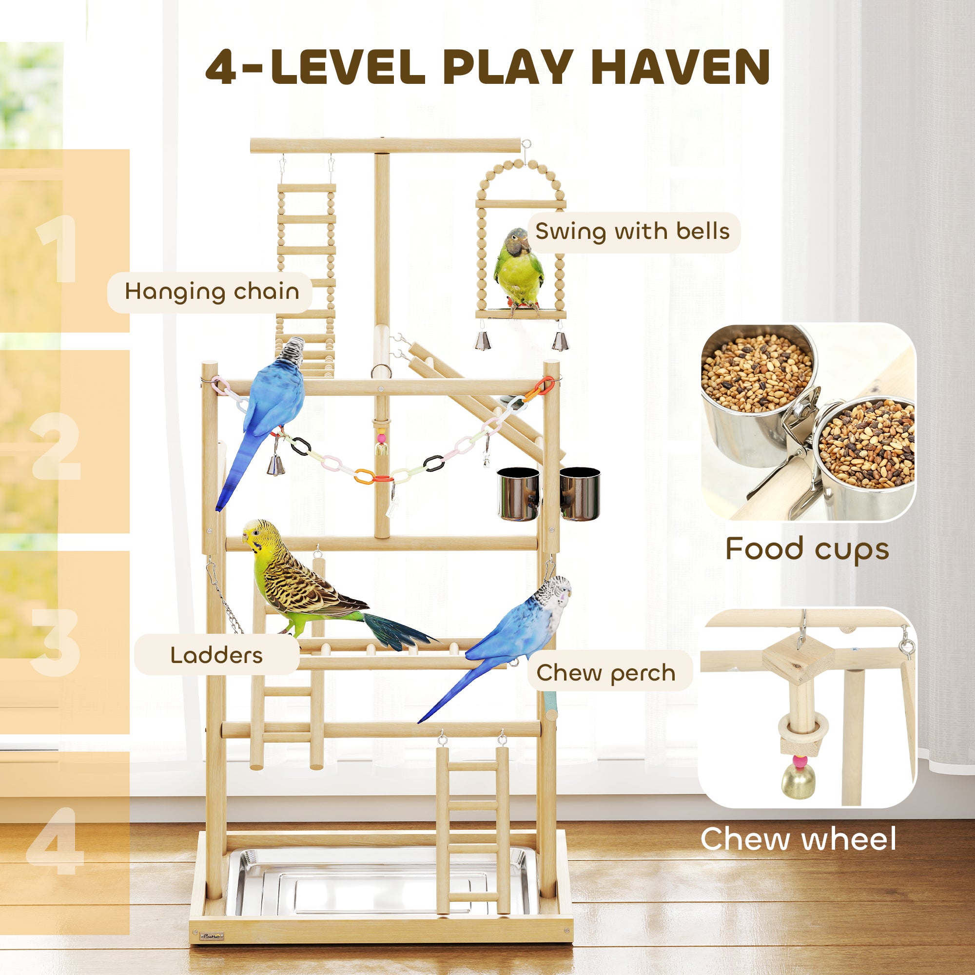 Parrot Play Stand, 95 cm Wooden Bird Playground with Ladders, Chain Toy, Stainless Steel Cups and Tray, Bird Cage Accessories for Parakeets, Cockatiels, Finches, Lovebirds, Budgie