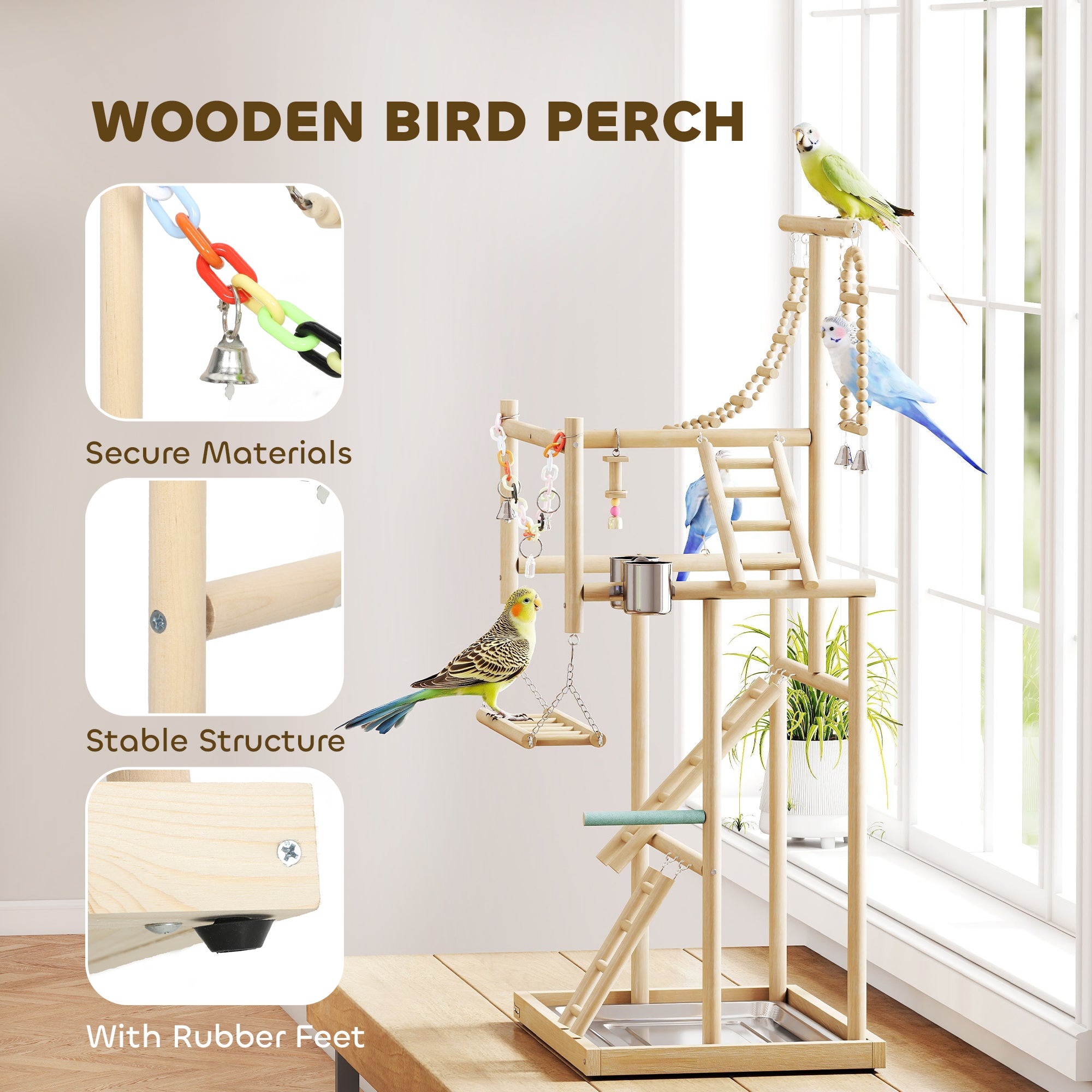 Parrot Play Stand, 95 cm Wooden Bird Playground with Ladders, Chain Toy, Stainless Steel Cups and Tray, Bird Cage Accessories for Parakeets, Cockatiels, Finches, Lovebirds, Budgie