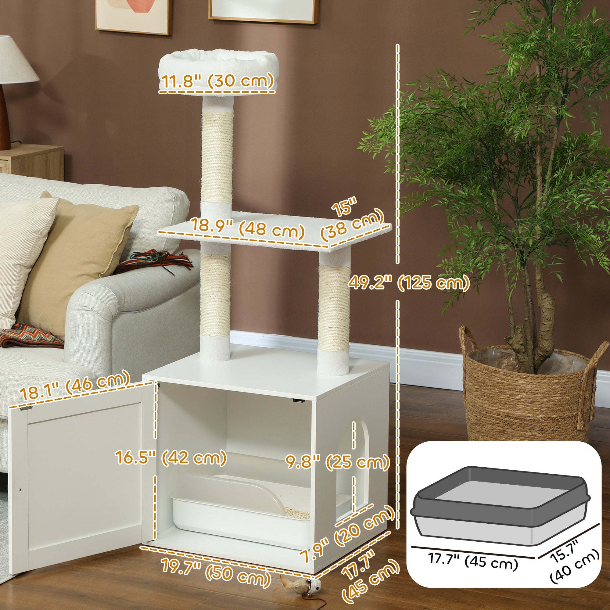 Cat Tree with Litter Box Enclosure, Hidden Cat Tower with Sisal Covered Scratching Posts, Large Platform, Bed, Modern Furniture for Indoor Kittens, White