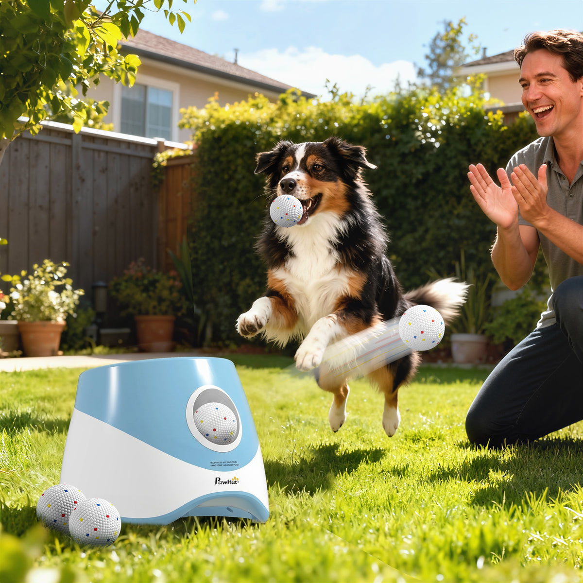 Automatic Dog Ball Launcher with 5 2.3" ETPU Balls, Dog Ball Thrower with 3 Distance Settings (20/33/46 ft), Indoor Outdoor Interactive Toy for Small Medium Breeds, Blue