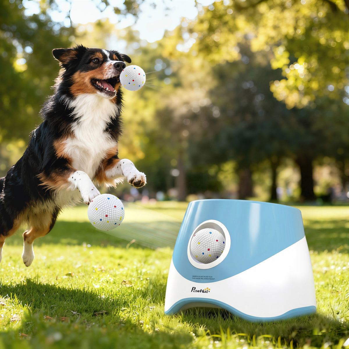 Automatic Dog Ball Launcher with 5 2.3" ETPU Balls, Dog Ball Thrower with 3 Distance Settings (20/33/46 ft), Indoor Outdoor Interactive Toy for Small Medium Breeds, Blue