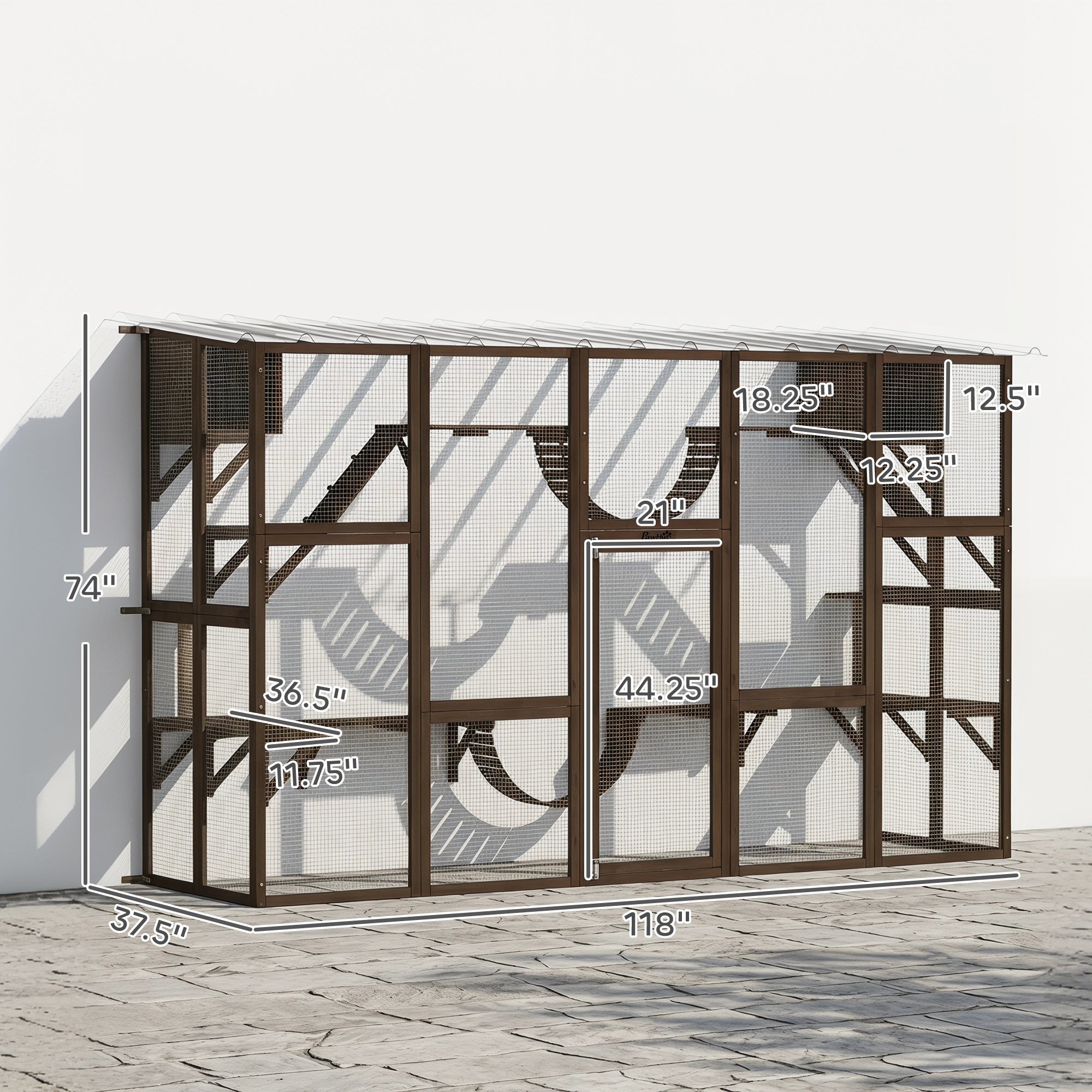 Catio Outdoor Cat Enclosure Window, Outdoor Cat House with Weather Protection Roof for 1-4 Kitties, Wooden Frame, Shelves & Bridges, 118" x 37.5" x 74", Coffee Brown