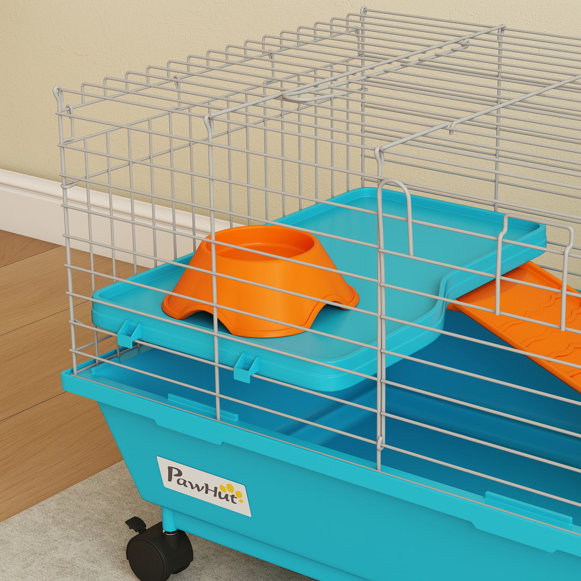 35"L Small Animal Cage, Rolling Bunny Cage, Guinea Pig Cage with Wheels, Food Dish, Water Bottle, Hay Feeder, Platform, Ramp for Chinchilla, Blue