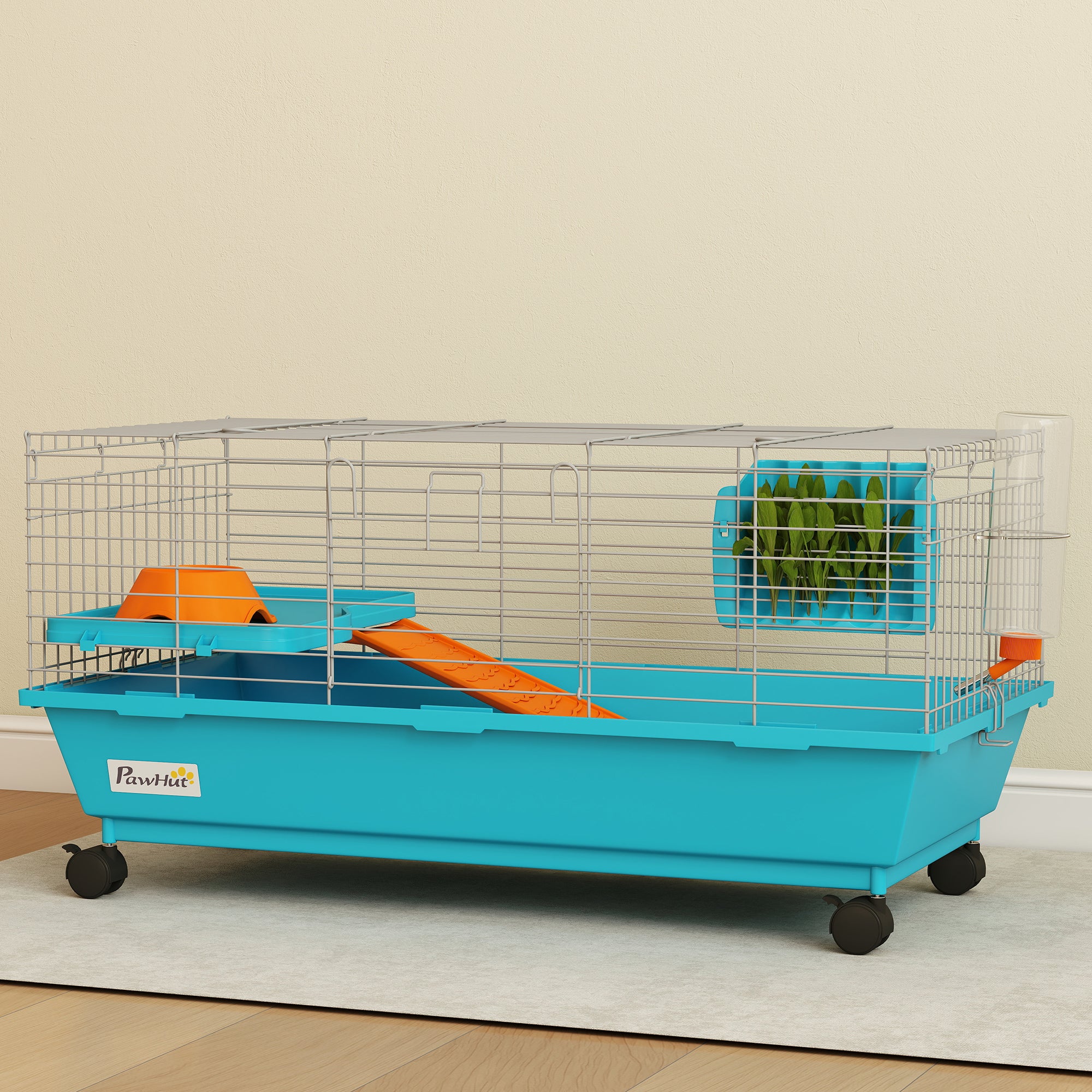 35"L Small Animal Cage, Rolling Bunny Cage, Guinea Pig Cage with Wheels, Food Dish, Water Bottle, Hay Feeder, Platform, Ramp for Chinchilla, Blue
