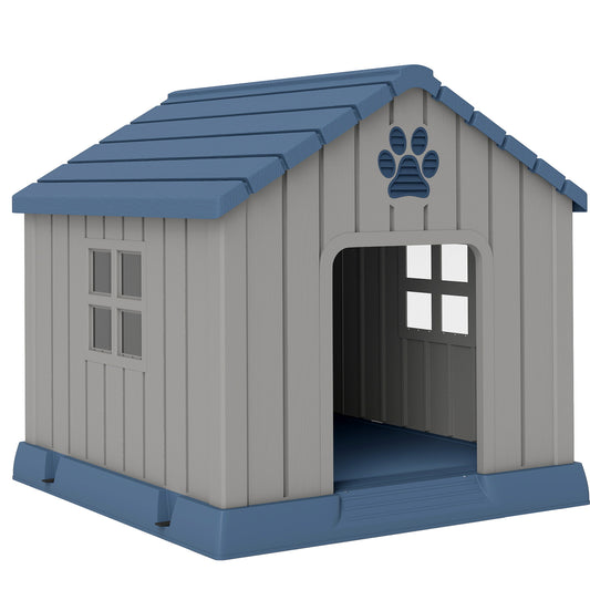 Dog Kennel Outdoor for Medium Dogs, Waterproof Plastic Dog House for Garden, Patio, Indoor Outdoor Pet Shelter with Elevated Base, 85 x 79 x 82 cm, Grey