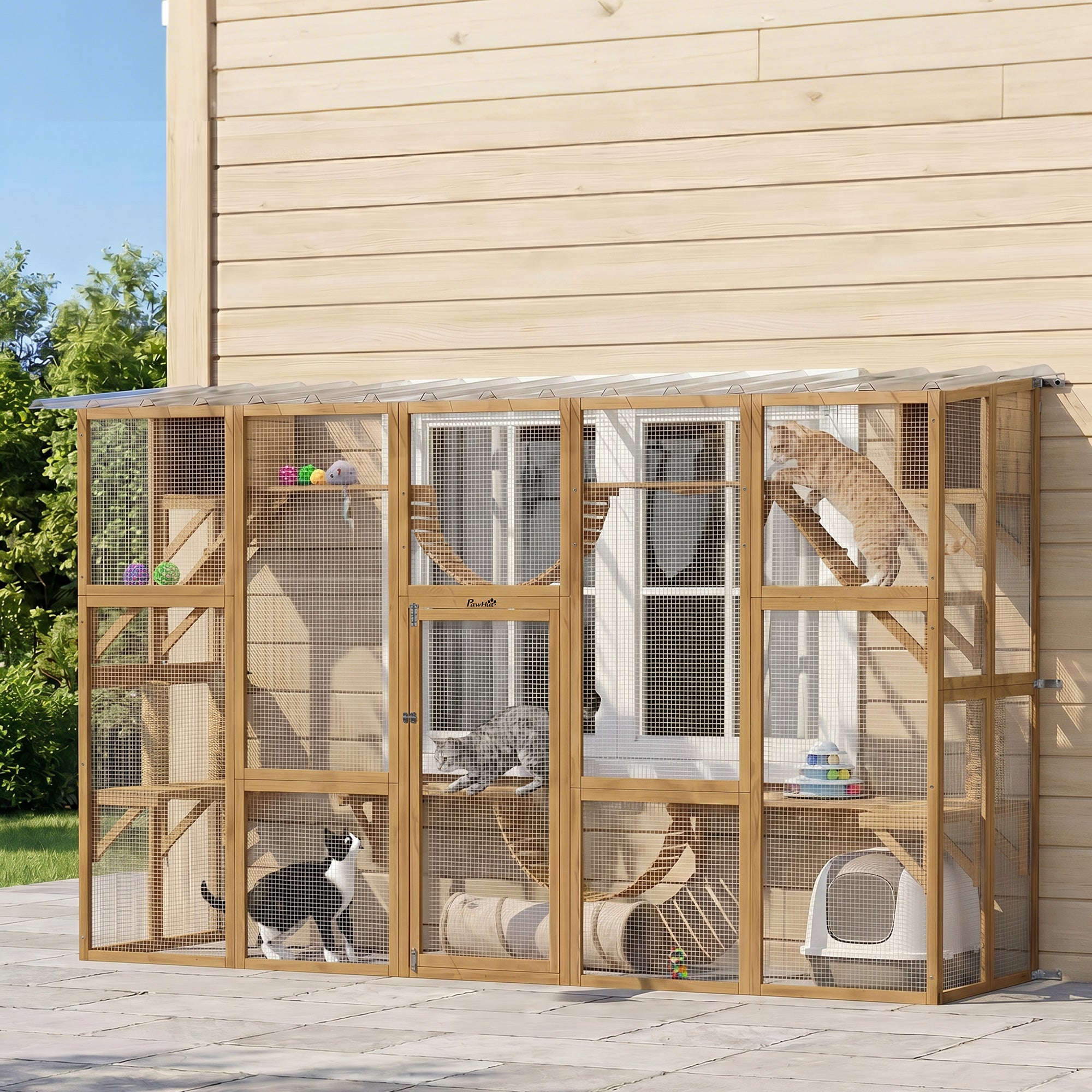 Catio Outdoor Cat Enclosure Window, Outdoor Cat House with Weather Protection Roof for Multiple Kitties, Wooden Frame, Shelves & Bridges, 118" x 37.5" x 74", Yellow