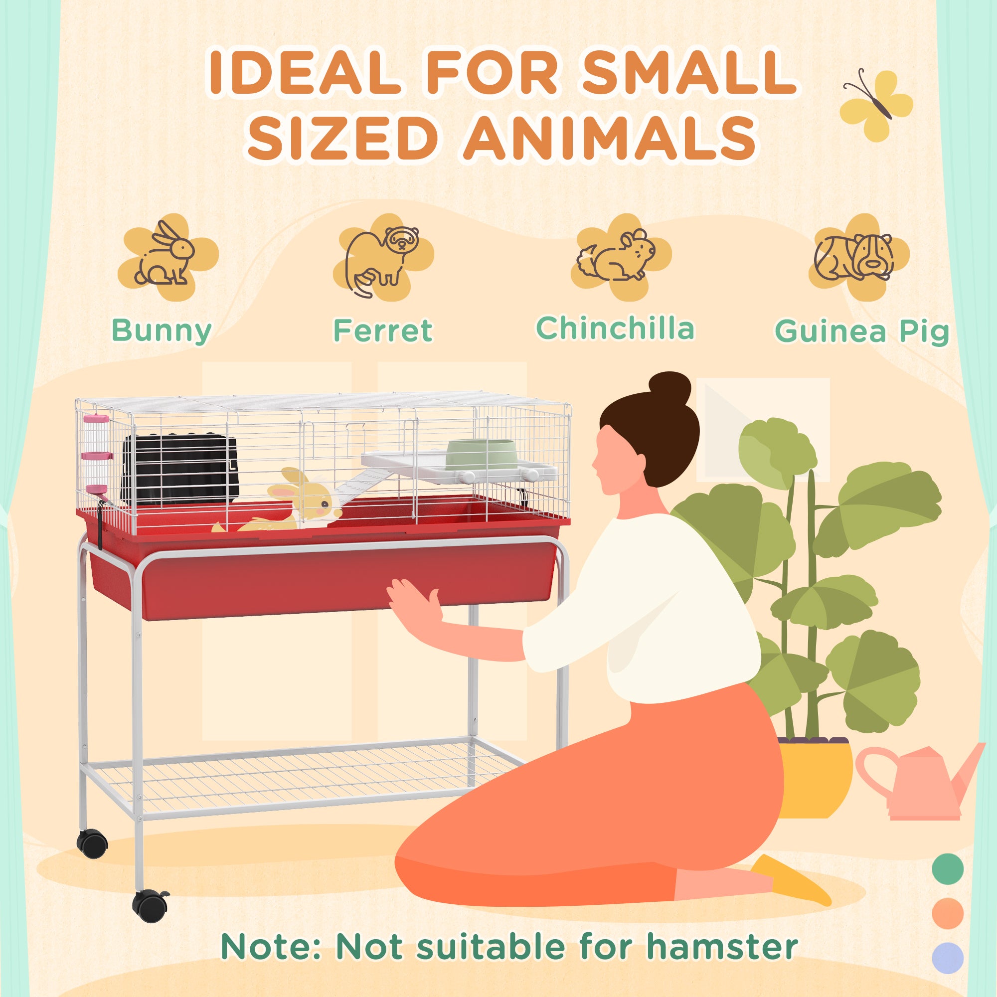 PawHut Two- Story Small Animal Cage Removable from Stand, Guinea Pig Cage, Hedgehog Cage, Chinchilla Cage, Ferret, with Shelf & Wheels, Pet Habitat, 33" x 18.5" x 35" , Red