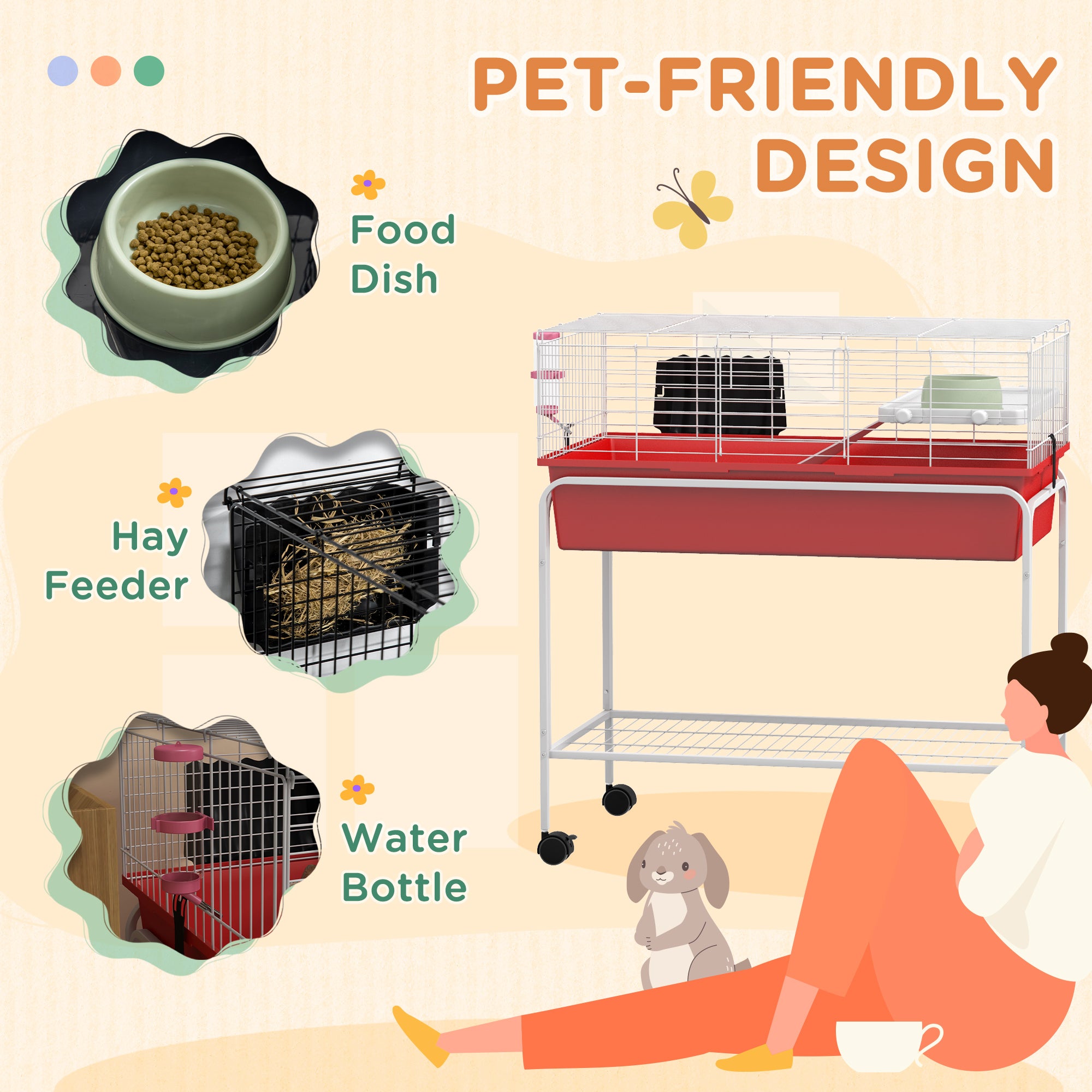 PawHut Two- Story Small Animal Cage Removable from Stand, Guinea Pig Cage, Hedgehog Cage, Chinchilla Cage, Ferret, with Shelf & Wheels, Pet Habitat, 33" x 18.5" x 35" , Red