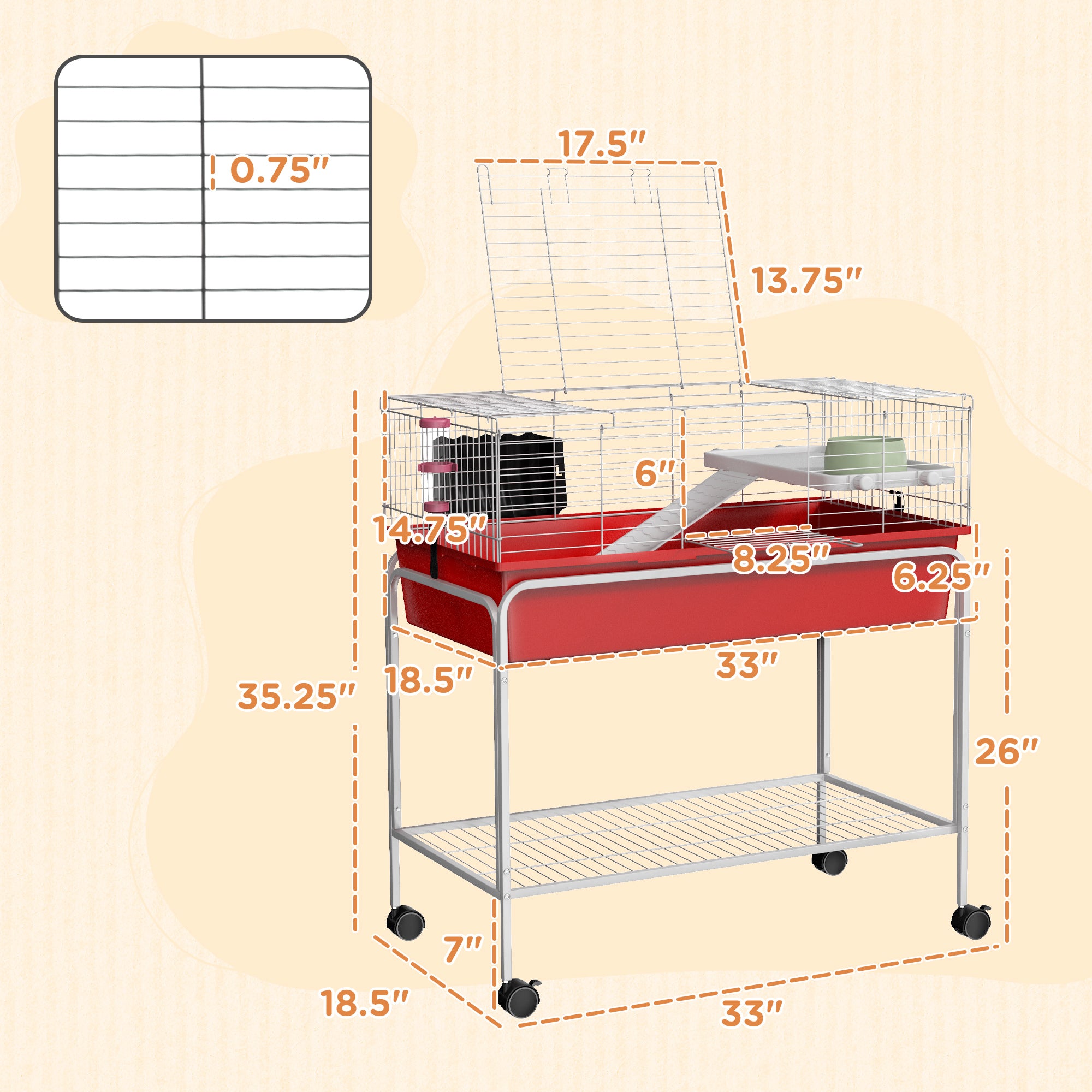 PawHut Two- Story Small Animal Cage Removable from Stand, Guinea Pig Cage, Hedgehog Cage, Chinchilla Cage, Ferret, with Shelf & Wheels, Pet Habitat, 33" x 18.5" x 35" , Red