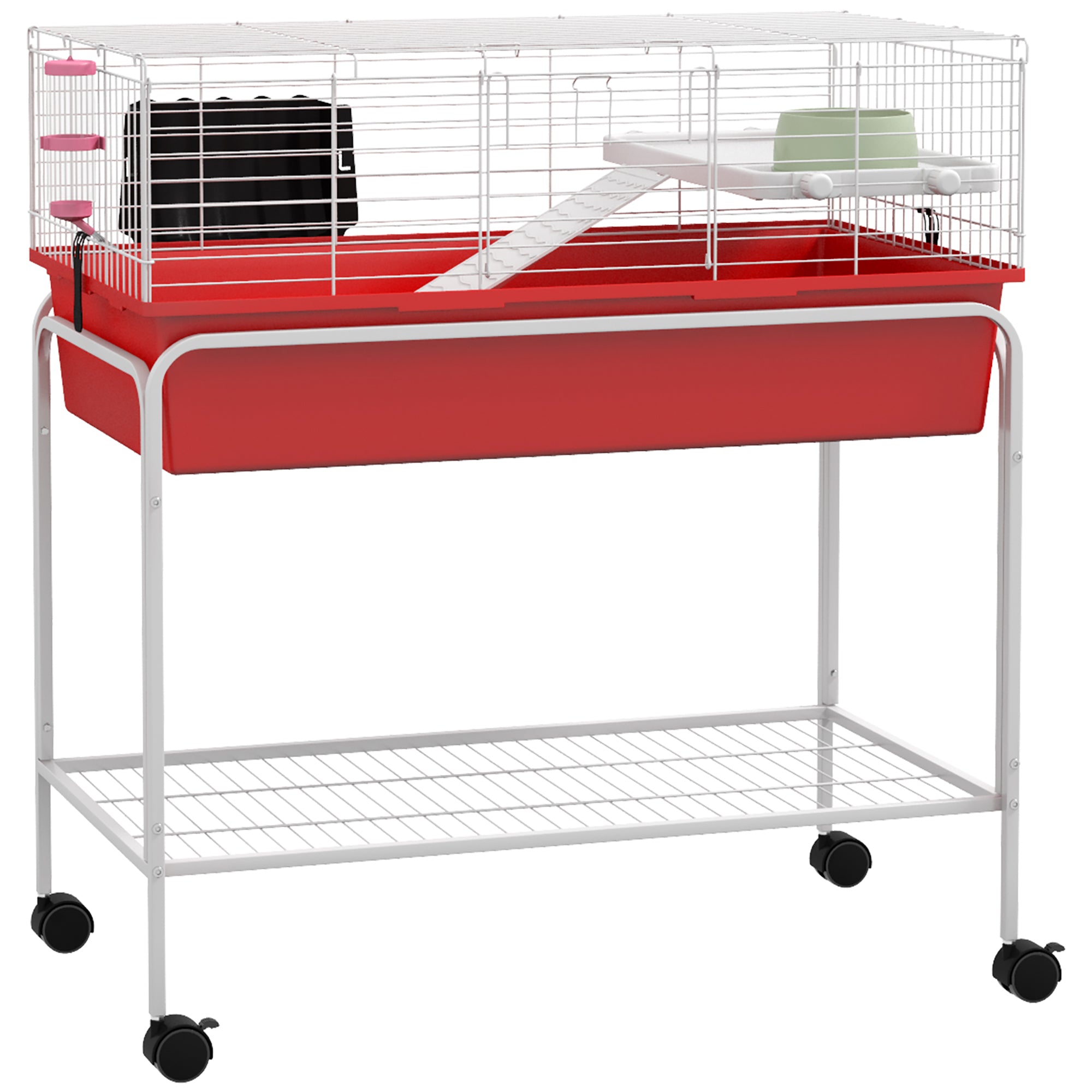 PawHut Two- Story Small Animal Cage Removable from Stand, Guinea Pig Cage, Hedgehog Cage, Chinchilla Cage, Ferret, with Shelf & Wheels, Pet Habitat, 33" x 18.5" x 35" , Red