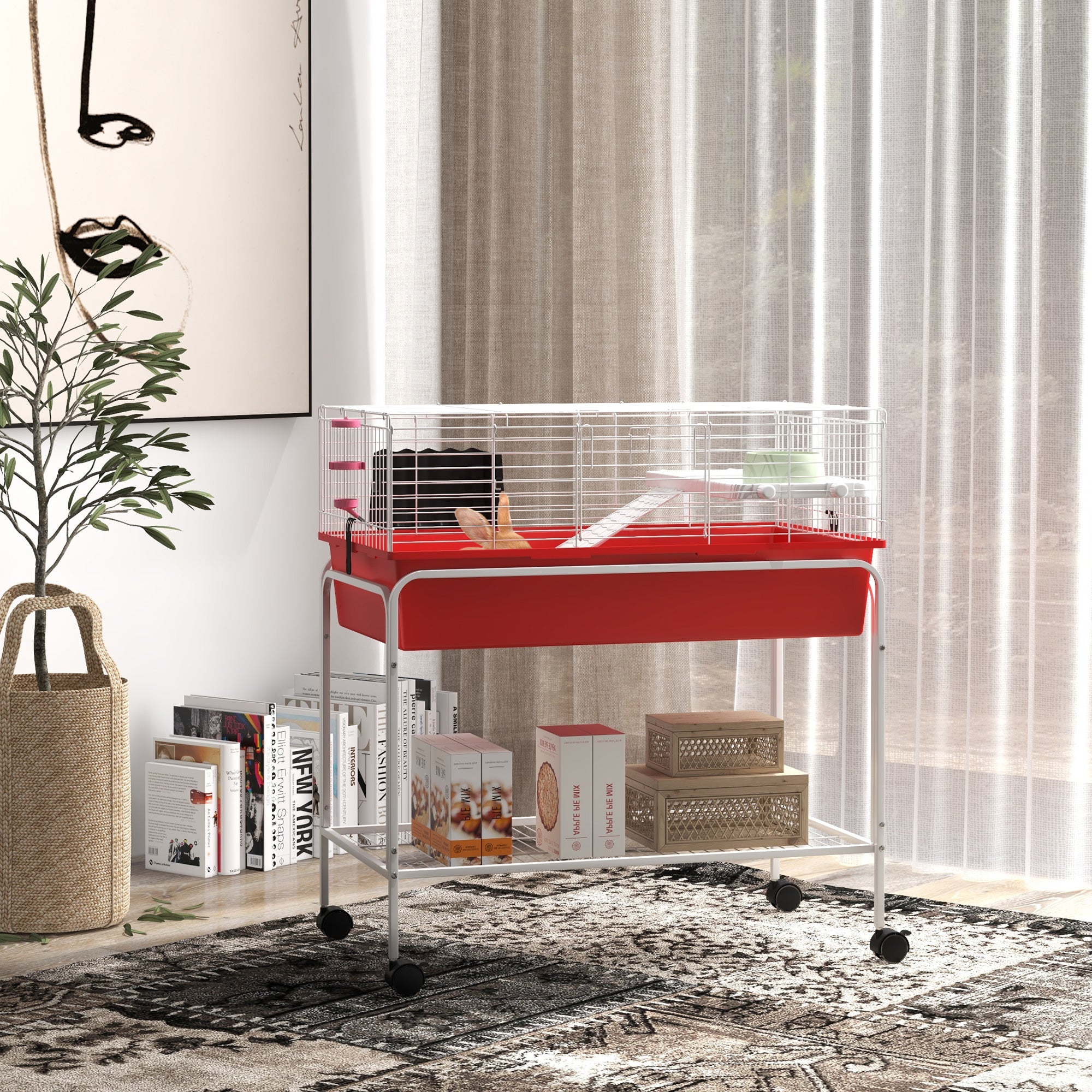 PawHut Two- Story Small Animal Cage Removable from Stand, Guinea Pig Cage, Hedgehog Cage, Chinchilla Cage, Ferret, with Shelf & Wheels, Pet Habitat, 33" x 18.5" x 35" , Red