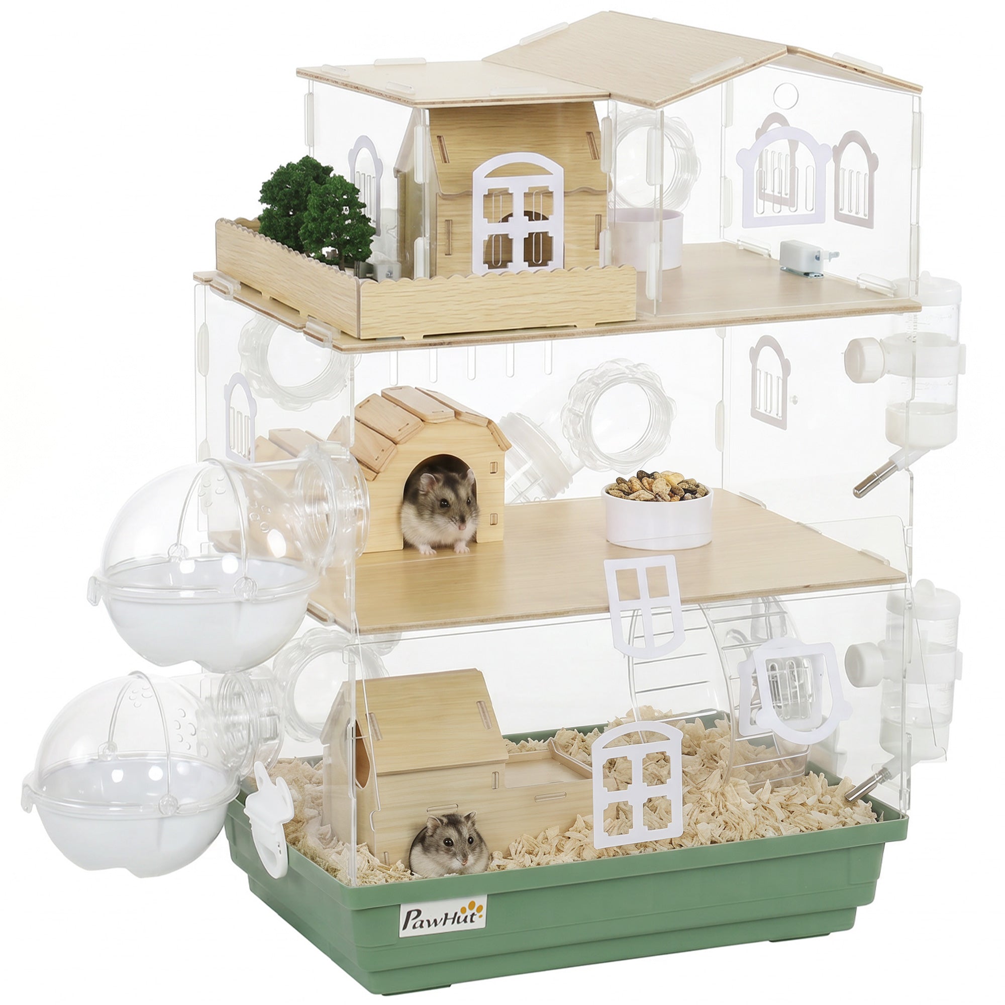 Large Hamster Cage, 3 Tiers Acrylic Hamster Habitat with Water Bottles, Dishes, Running Wheel and External Bathrooms for Pet Mice, Dwarf Hamster, 13.4" L x 9.8" W x 20.5" H