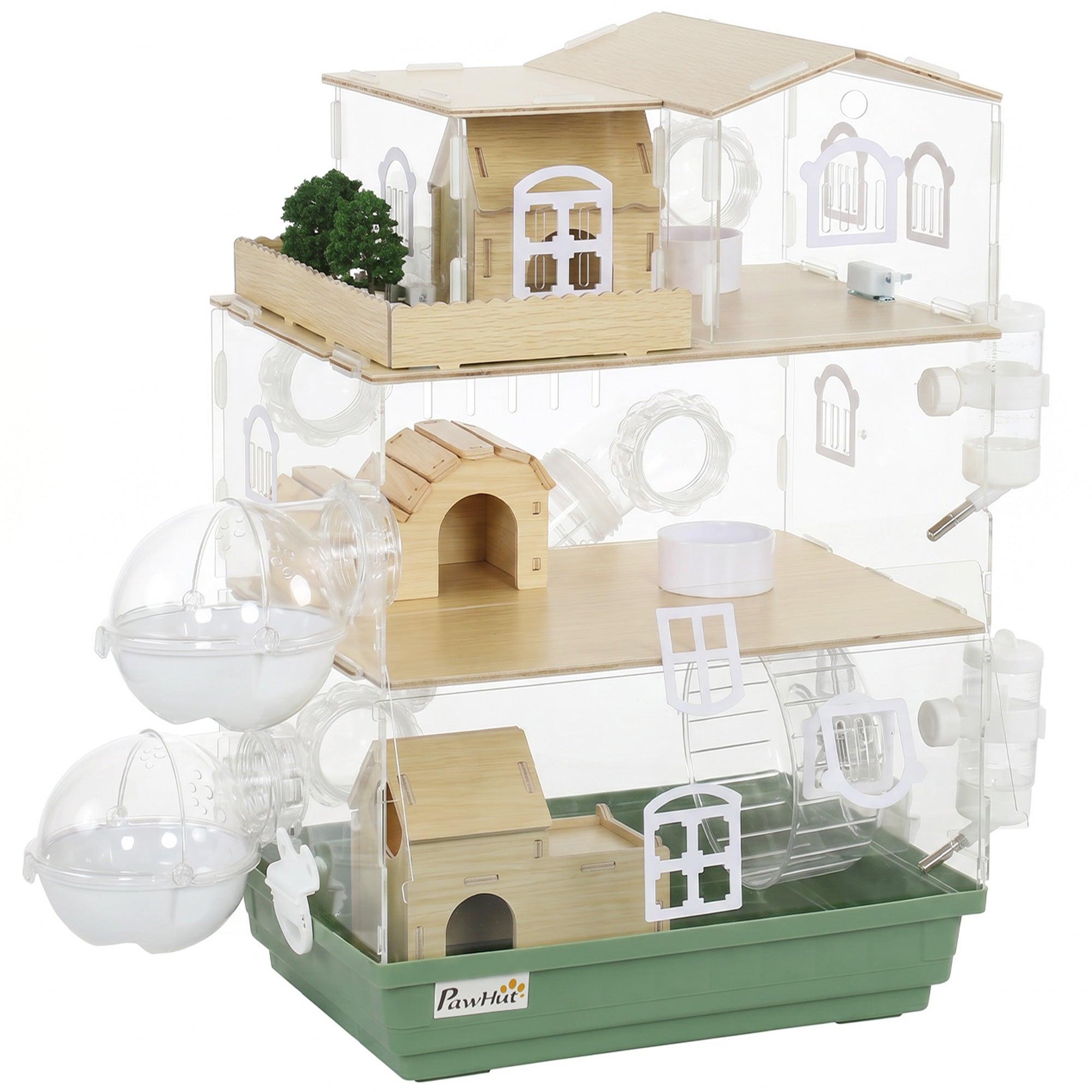 Large Hamster Cage, 3 Tiers Acrylic Hamster Habitat with Water Bottles, Dishes, Running Wheel and External Bathrooms for Pet Mice, Dwarf Hamster, 13.4" L x 9.8" W x 20.5" H
