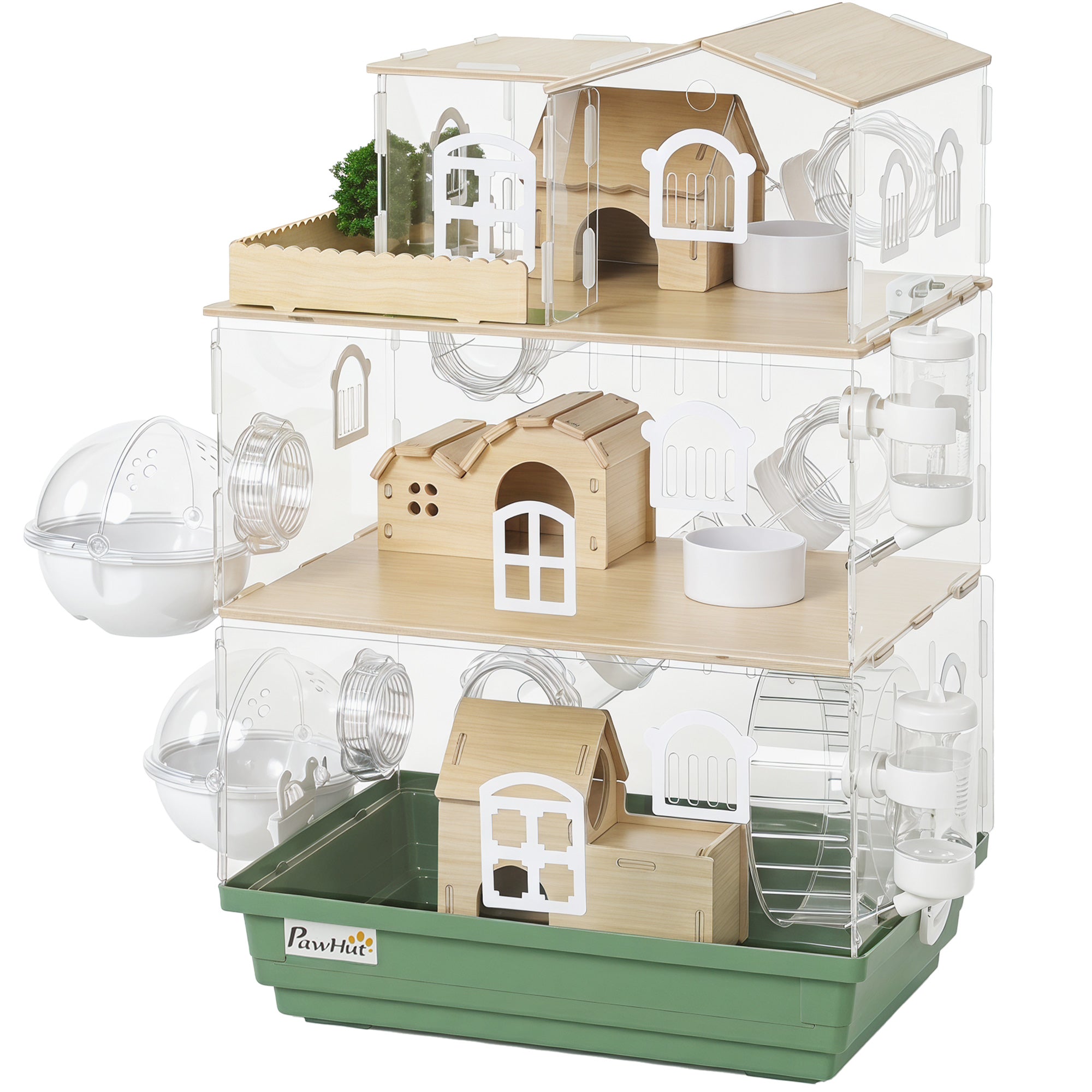 Large Hamster Cage, 3 Tiers Acrylic Hamster Habitat with Water Bottles, Dishes, Running Wheel and External Bathrooms for Pet Mice, Dwarf Hamster, 13.4" L x 9.8" W x 20.5" H