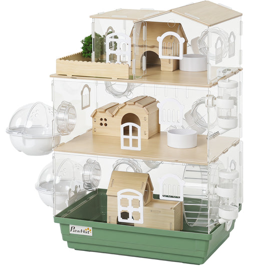 Large Hamster Cage, 3 Tiers Acrylic Hamster Habitat with Water Bottles, Dishes, Running Wheel and External Bathrooms for Pet Mice, Dwarf Hamster, 13.4" L x 9.8" W x 20.5" H