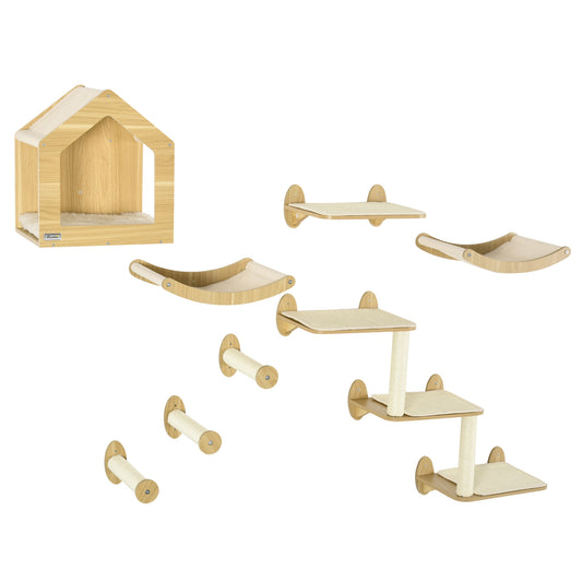 8 Piece Cat Shelves Set, Cat Wall Furniture with Condo, 3 Perches, 3 Scratching Posts, Steps, Wall Mounted Cat Tree for Indoor Cats, Beige
