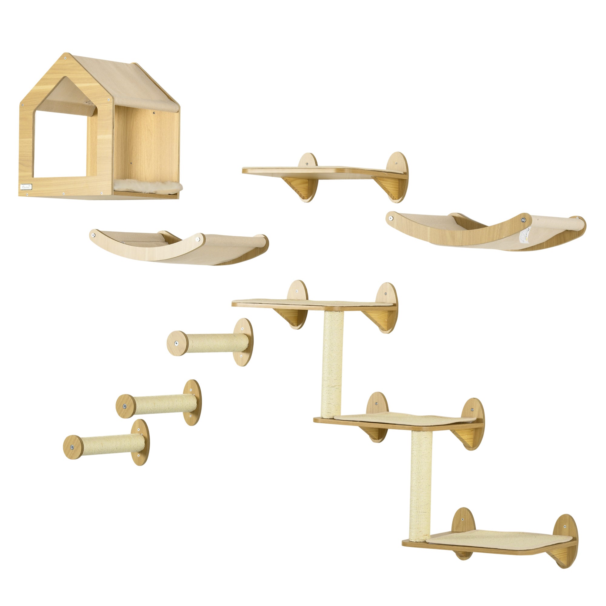 8 Piece Cat Shelves Set, Cat Wall Furniture with Condo, 3 Perches, 3 Scratching Posts, Steps, Wall Mounted Cat Tree for Indoor Cats, Beige