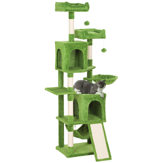 Cat Tree, 70" Multi-Level Cat Tower for Indoor with 2 Condos, 2 Plush Top Perches, Hammock, Platforms, Toy Balls, Sisal Scratching Posts and Board, Green