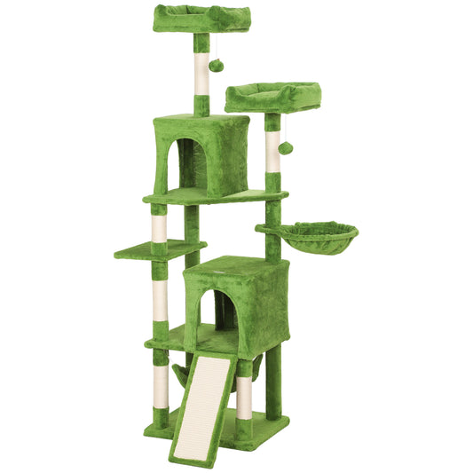 Cat Tree, 70" Multi-Level Cat Tower for Indoor with 2 Condos, 2 Plush Top Perches, Hammock, Platforms, Toy Balls, Sisal Scratching Posts and Board, Green