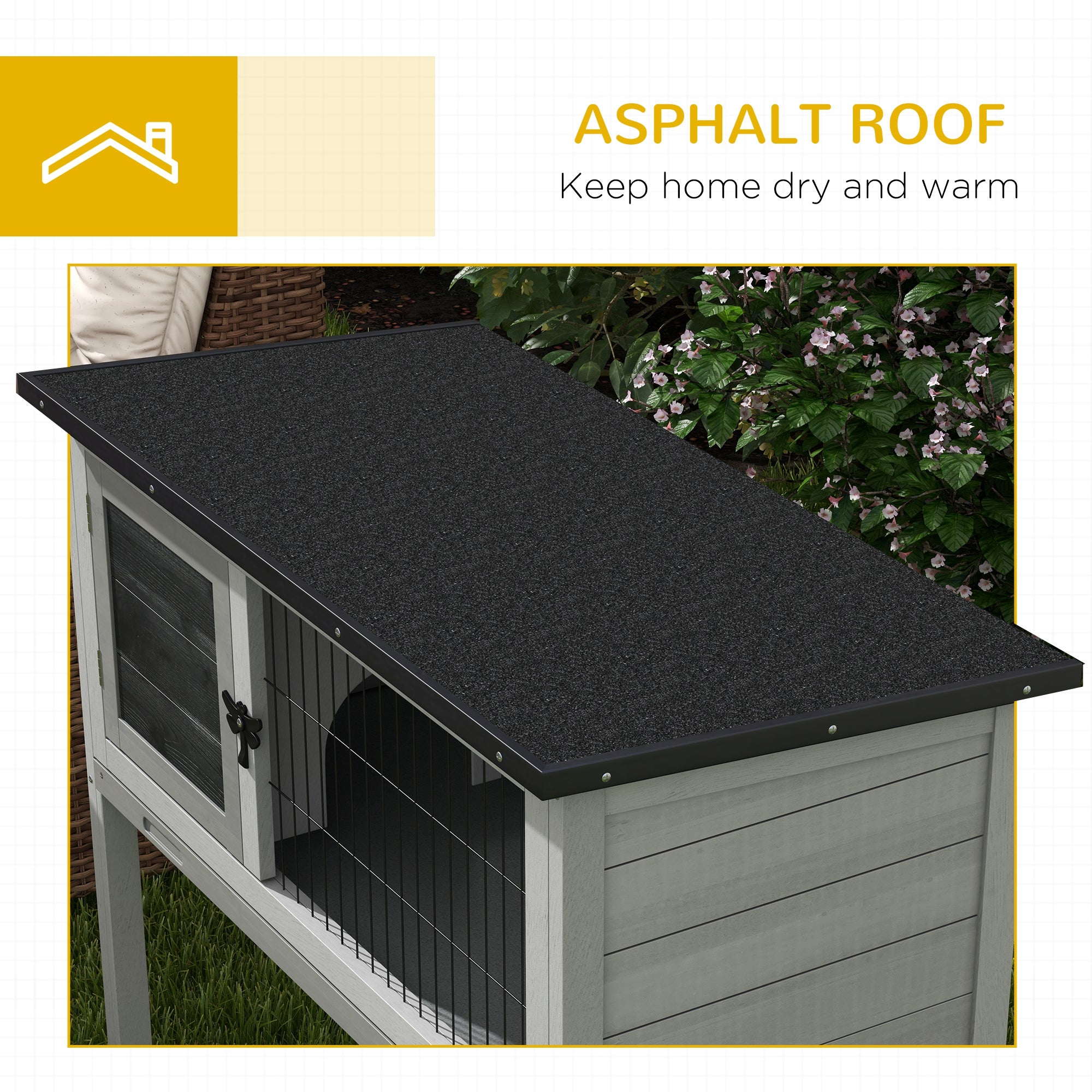 Elevated Wooden Rabbit Hutch, Indoor/Outdoor Bunny Cage with Hinged Asphalt Roof and Removable Tray for Guinea Pig, Gray