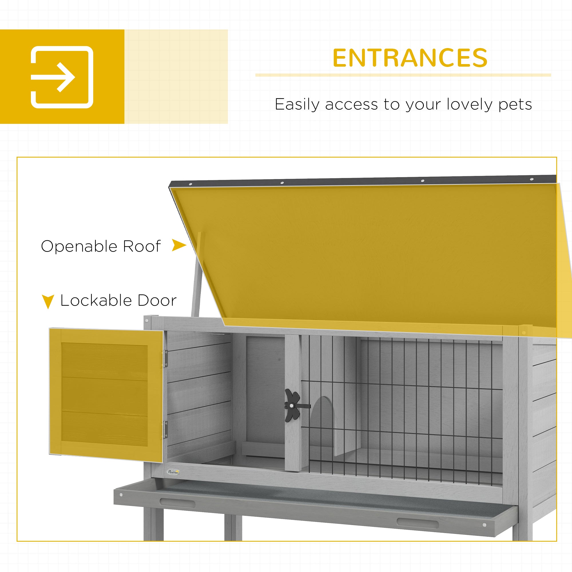 Elevated Wooden Rabbit Hutch, Indoor/Outdoor Bunny Cage with Hinged Asphalt Roof and Removable Tray for Guinea Pig, Gray