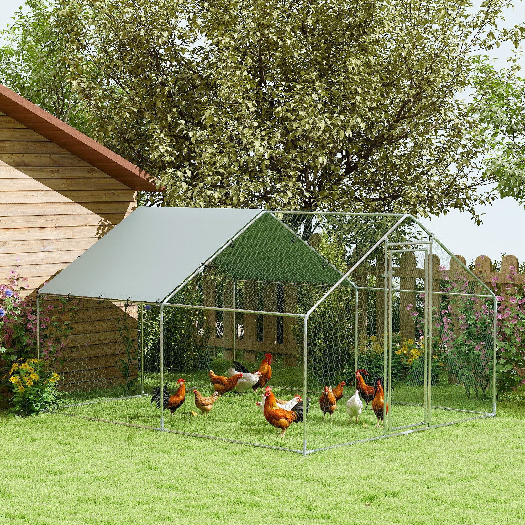 Metal Chicken Coop, 9.8 x 11.2 FT Walk-in Chicken Run with Weatherproof UV Cover, Lockable Door, Large Outdoor Poultry Cage for 10-15 Chickens, for Farm Yard Garden, Silver