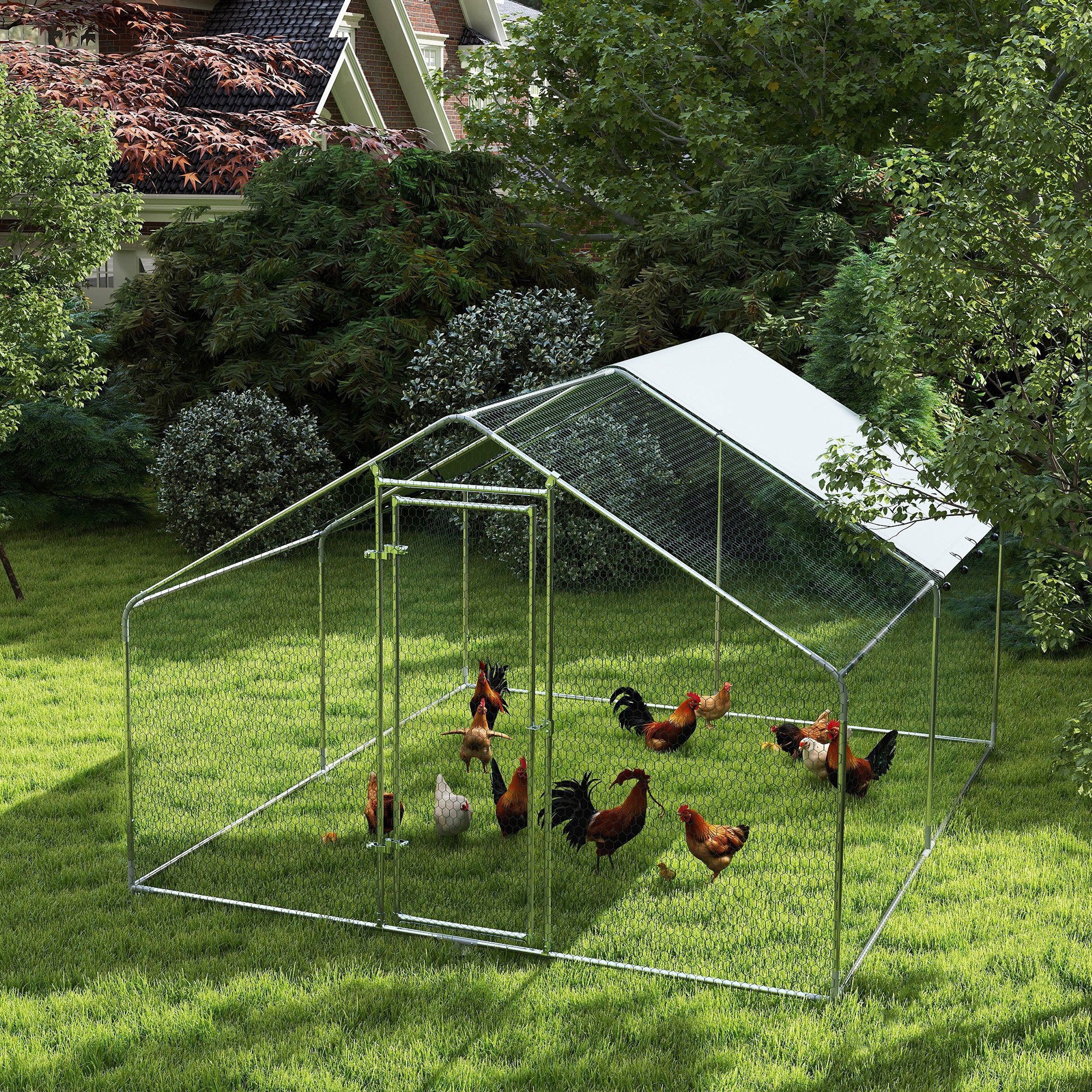 Metal Chicken Coop, 9.8 x 11.2 FT Walk-in Chicken Run with Weatherproof UV Cover, Lockable Door, Large Outdoor Poultry Cage for 10-15 Chickens, for Farm Yard Garden, Silver