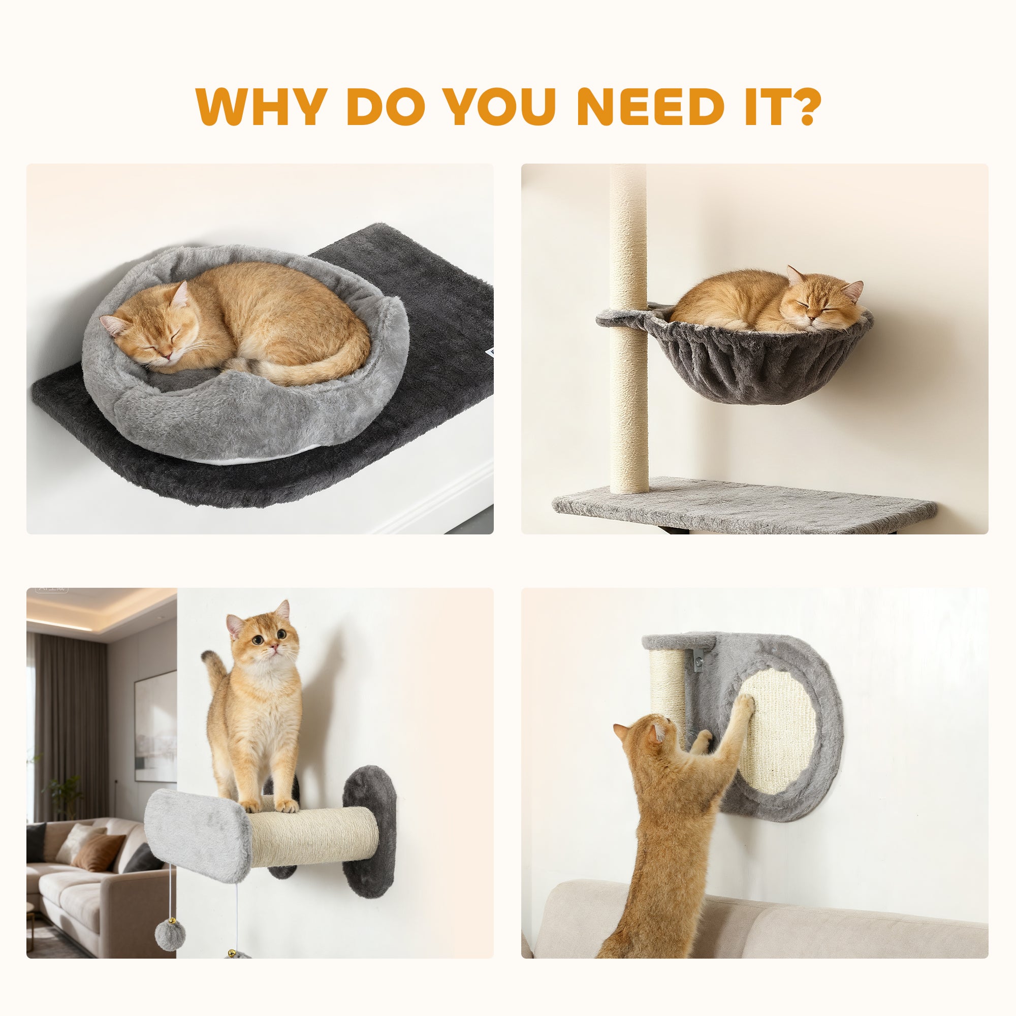 Cat Wall Shelves, 4 Pcs Cat Wall Furniture Climber Set with Scratching Post & Pad, Condo, Hammock, Bed, Step, Hanging Pompoms, Perches, for Kitty Climbing, Sleeping, Playing