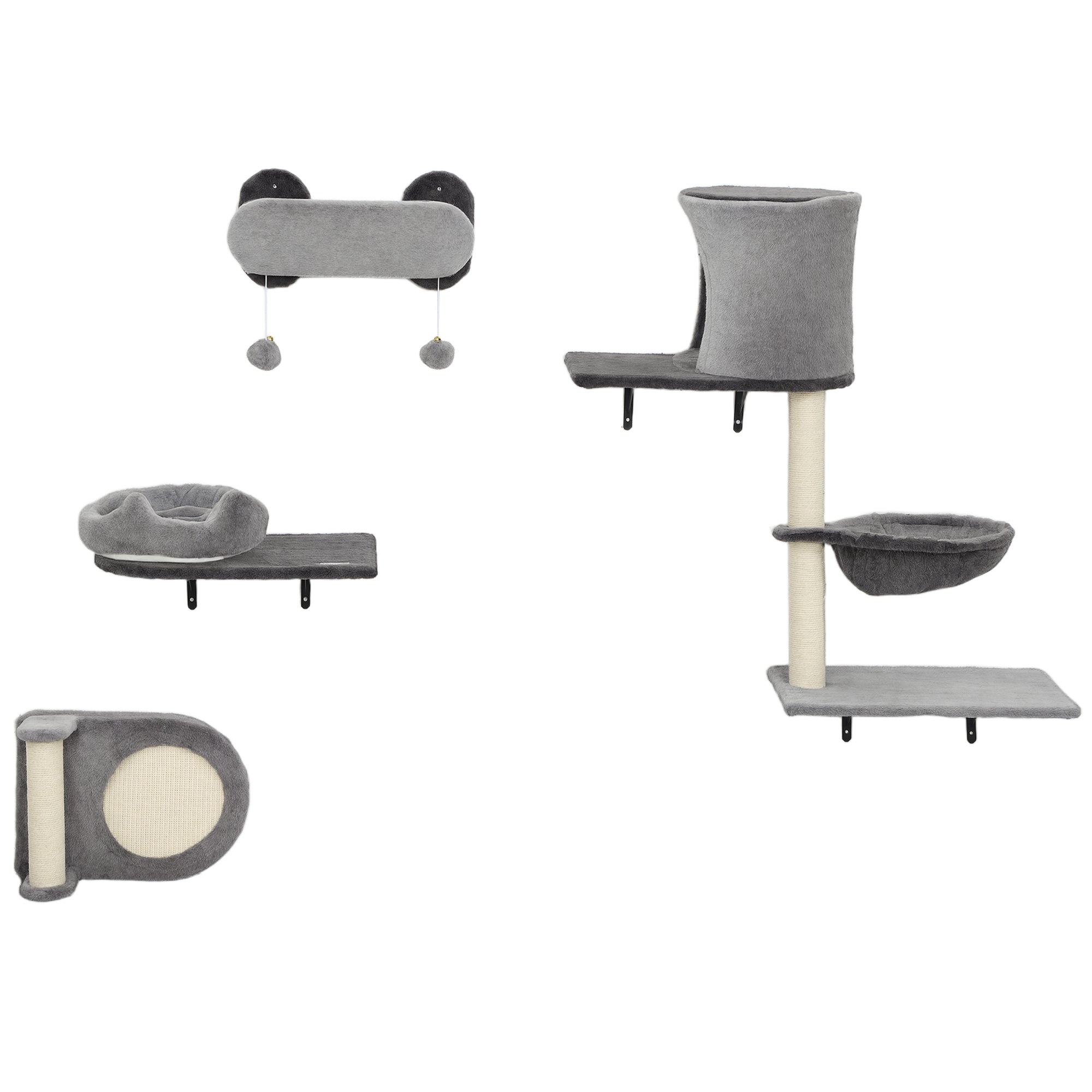 Cat Wall Shelves, 4 Pcs Cat Wall Furniture Climber Set with Scratching Post & Pad, Condo, Hammock, Bed, Step, Hanging Pompoms, Perches, for Kitty Climbing, Sleeping, Playing