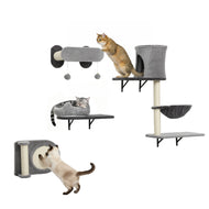 Cat Wall Shelves, 4 Pcs Cat Wall Furniture Climber Set with Scratching Post & Pad, Condo, Hammock, Bed, Step, Hanging Pompoms, Perches, for Kitty Climbing, Sleeping, Playing