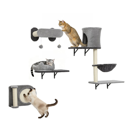 Cat Wall Shelves, 4 Pcs Cat Wall Furniture Climber Set with Scratching Post & Pad, Condo, Hammock, Bed, Step, Hanging Pompoms, Perches, for Kitty Climbing, Sleeping, Playing