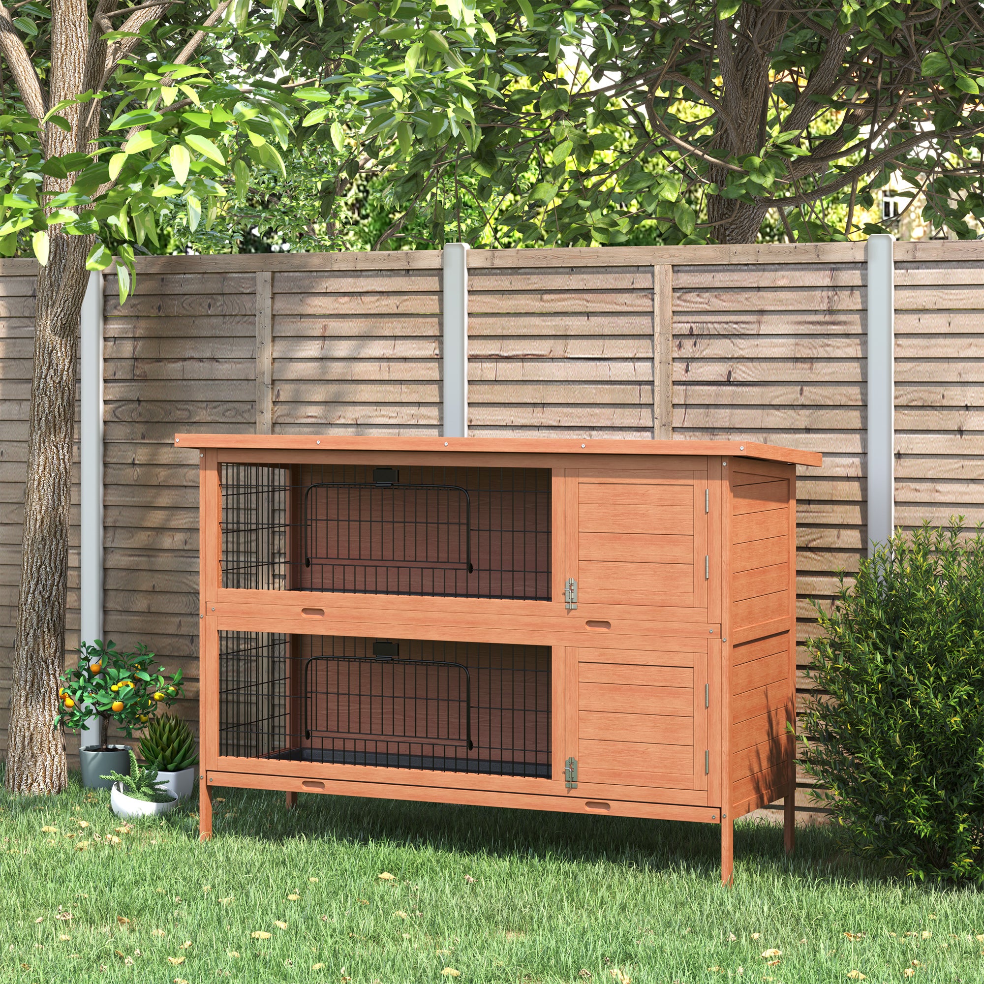 Rabbit Hutch Outdoor Guinea Pig Hutch Bunny Cage with No-Leak Trays, Divider, 136 x 50 x 93cm, Orange