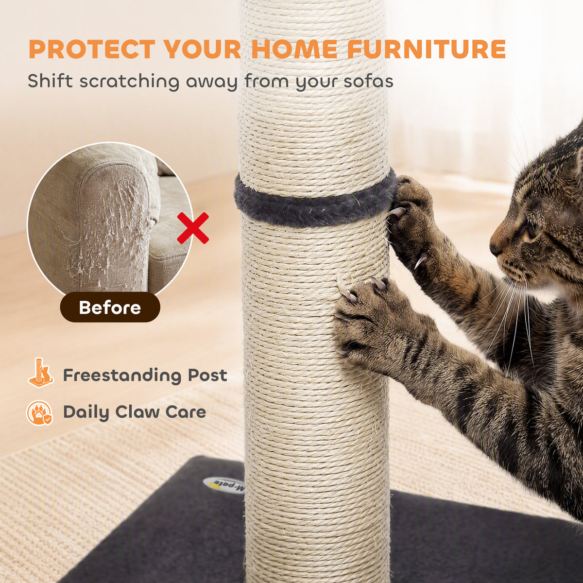 Cat Scratching Post, 80cm Tall Cat Scratch Post with Sisal Rope, Plush Base, Lightweight Claw Scratcher for Indoor Kittens, Dark Grey