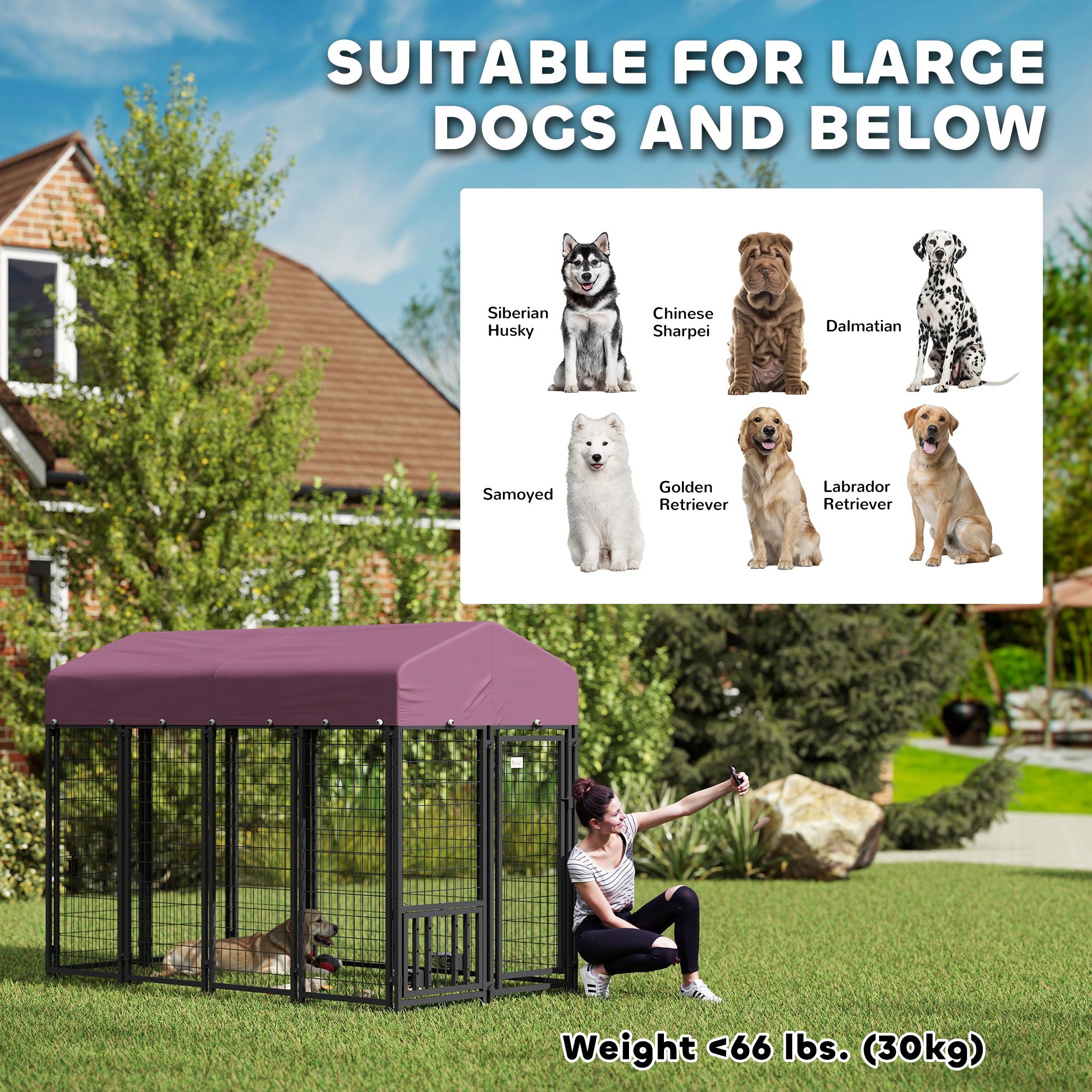 PawHut 7.9' x 4' x 6' Outdoor Dog Kennel, Welded Wire Heavy Duty Dog Run with 360° Rotating & 4 Level Adjustable Bowls, Dog Kennel Outside with Waterproof & UV Resistant Cover, for S&M&L Dogs
